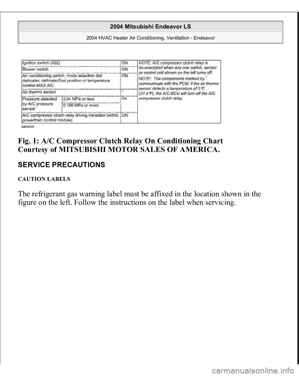 MITSUBISHI ENDEAVOR 2004  Service Repair Manual Fig. 1: A/C Compressor Clutch Relay On Conditioning Chart
 
Courtesy of MITSUBISHI MOTOR SALES OF AMERICA.
 
SERVICE PRECAUTIONS CAUTION LABELS The refrigerant gas warning label must be affixed in the
