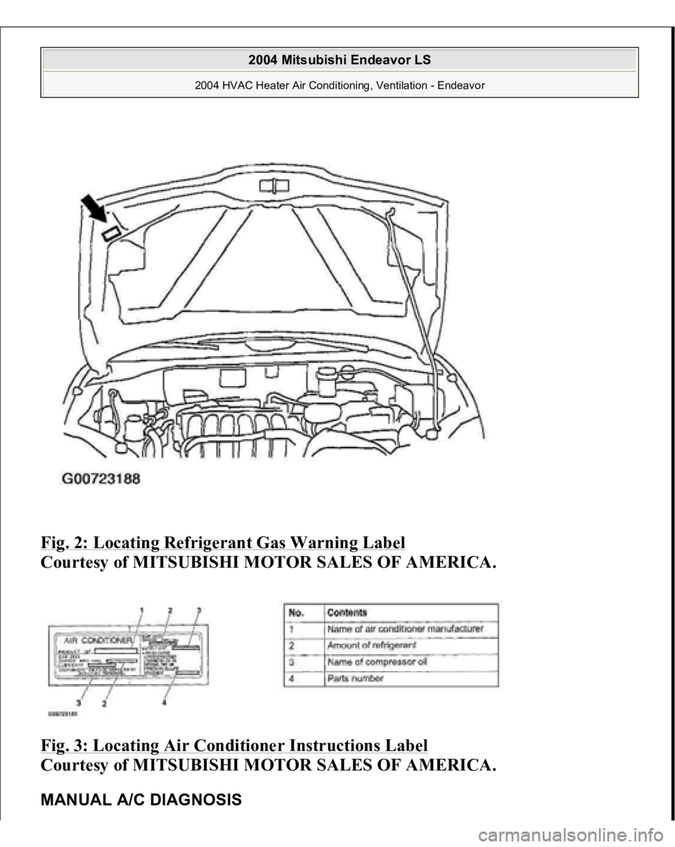 MITSUBISHI ENDEAVOR 2004  Service Repair Manual Fig. 2: Locating Refrigerant Gas Warning Label
 
Courtesy of MITSUBISHI MOTOR SALES OF AMERICA.
 
Fig. 3: Locating Air Conditioner Instructions Label
 
Courtesy of MITSUBISHI MOTOR SALES OF AMERICA.
 