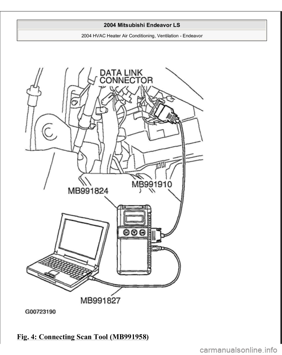 MITSUBISHI ENDEAVOR 2004  Service Repair Manual Fig. 4: Connecting Scan Tool (MB991958) 
2004 Mitsubishi Endeavor LS 
2004 HVAC Heater Air Conditioning, Ventilation - Endeavor
   