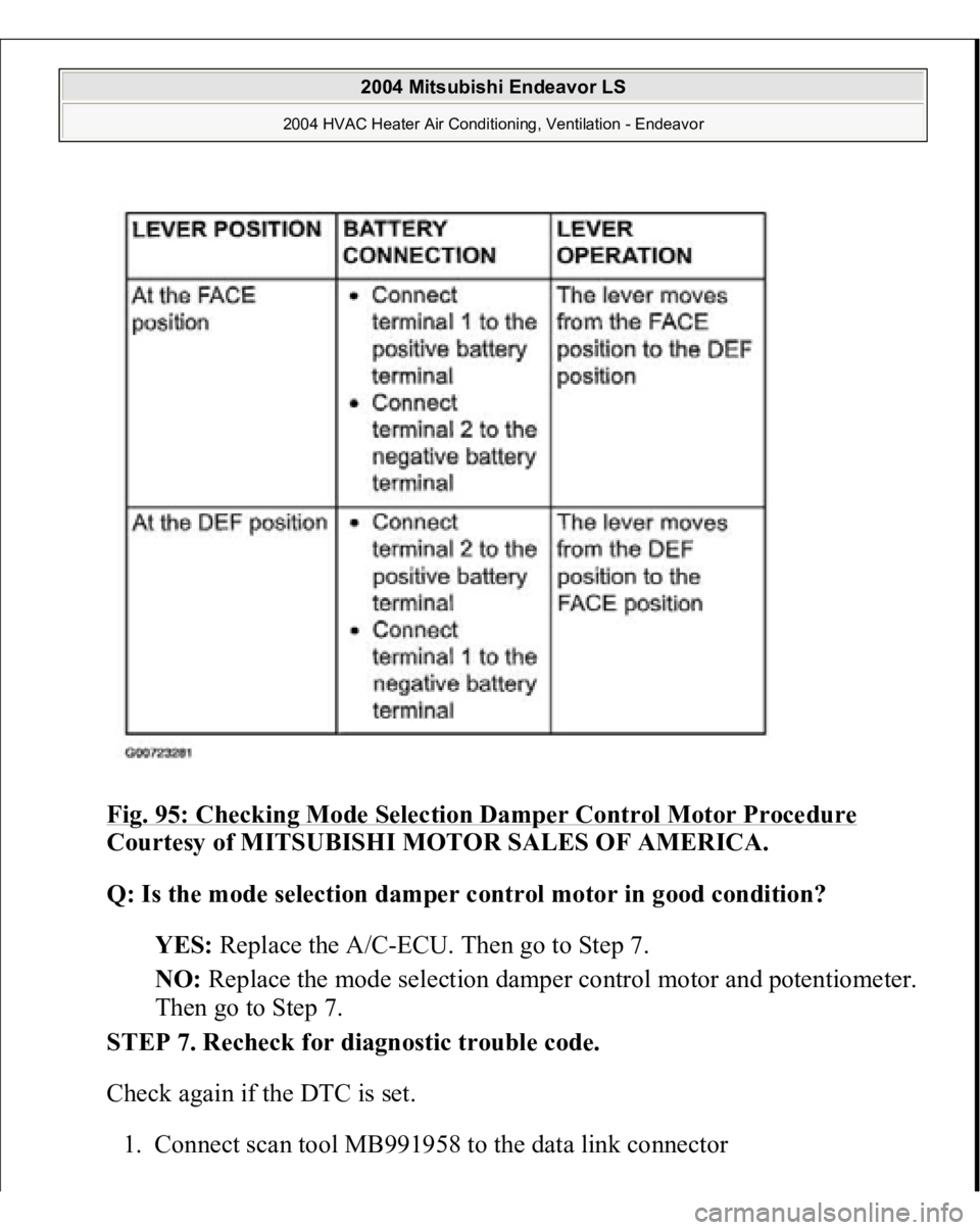 MITSUBISHI ENDEAVOR 2004  Service Repair Manual Fig. 95: Checking Mode Selection Damper Control Motor Procedure
 
Courtesy of MITSUBISHI MOTOR SALES OF AMERICA.
 
Q: Is the mode selection damper control motor in good condition?
  
YES:
 Replace the