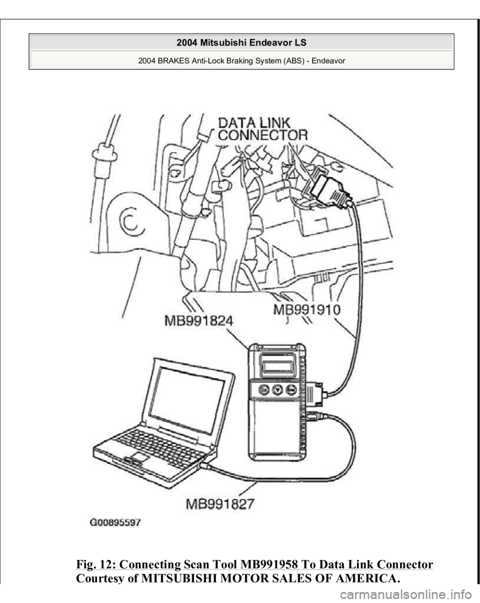 MITSUBISHI ENDEAVOR 2004  Service Repair Manual Fig. 12: Connecting Scan Tool MB991958 To Data Link Connector
 
Courtes
y of MITSUBISHI MOTOR SALES OF AMERICA
.
 
2004 Mitsubishi Endeavor LS 
2004 BRAKES Anti-Lock Braking System (ABS) - Endeavor
  