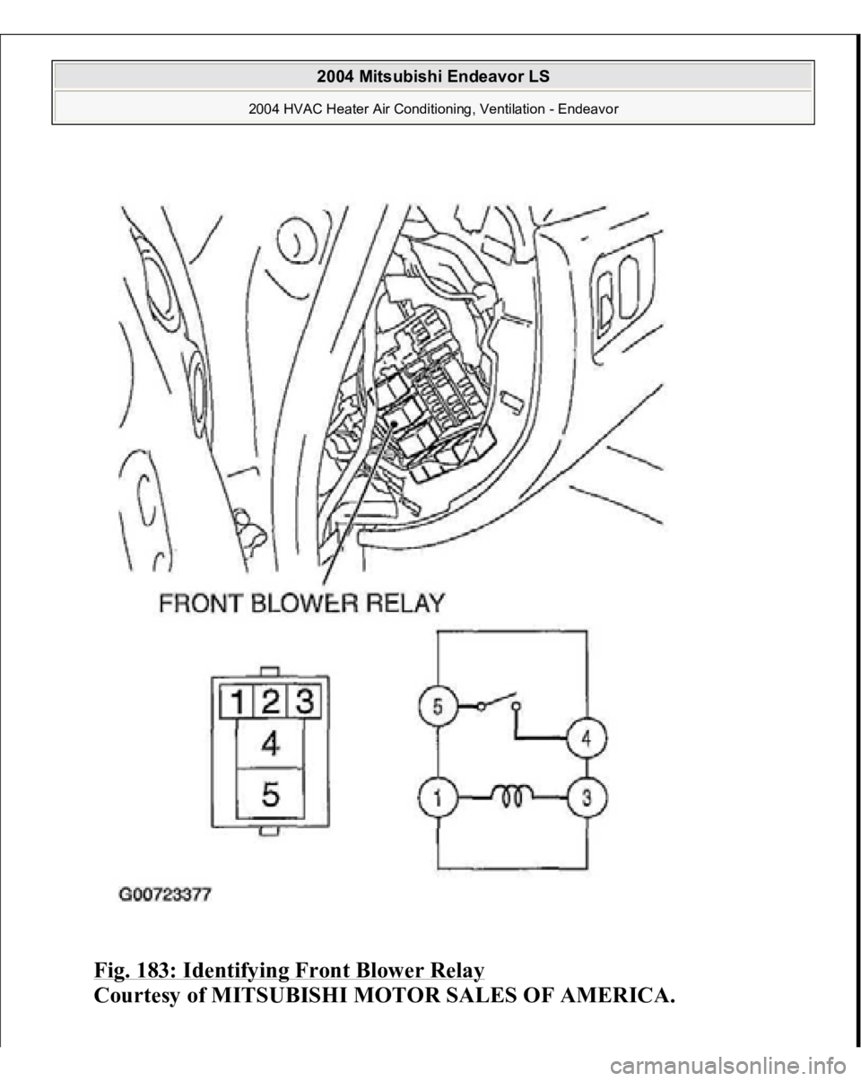 MITSUBISHI ENDEAVOR 2004  Service Repair Manual Fig. 183: Identifying Front Blower Relay
 
Courtesy of MITSUBISHI MOTOR SALES OF AMERICA.
 
2004 Mitsubishi Endeavor LS 
2004 HVAC Heater Air Conditioning, Ventilation - Endeavor
   
