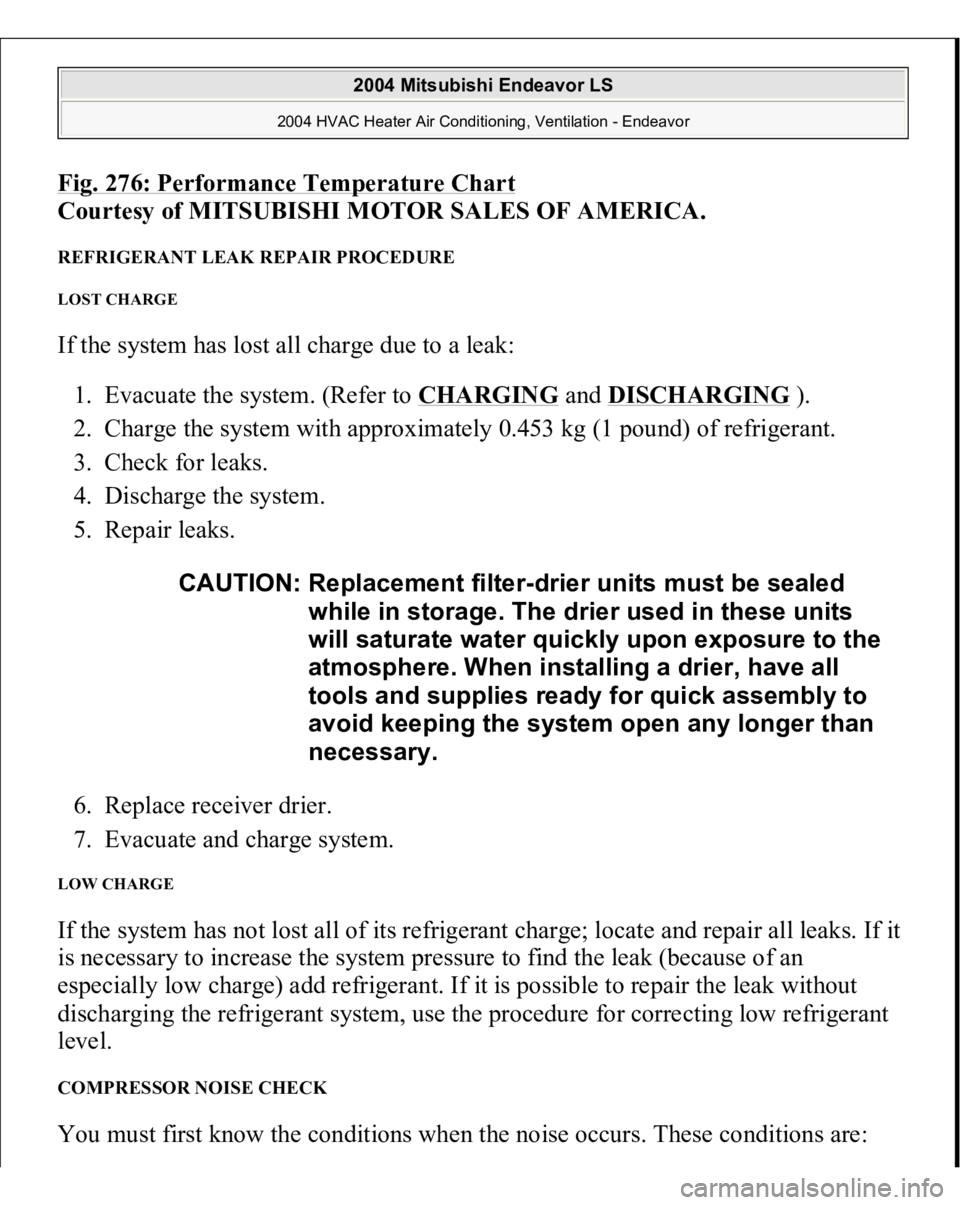 MITSUBISHI ENDEAVOR 2004  Service Repair Manual Fig. 276: Performance Temperature Char
t 
Courtesy of MITSUBISHI MOTOR SALES OF AMERICA.
 
REFRIGERANT LEAK REPAIR PROCEDURE LOST CHARGE If the system has lost all charge due to a leak: 
1. Evacuate t
