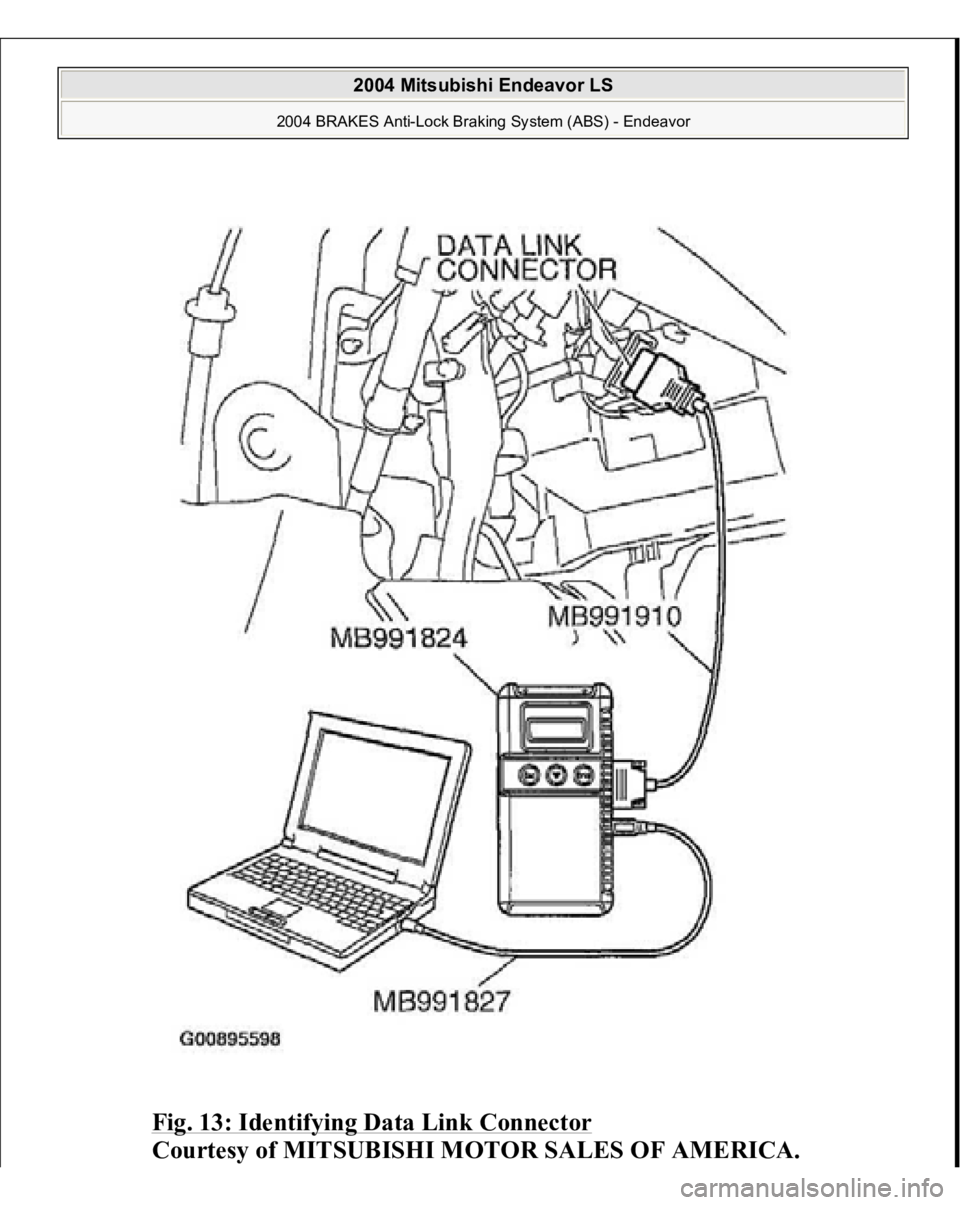 MITSUBISHI ENDEAVOR 2004  Service Repair Manual Fig. 13: Identifying Data Link Connector
 
Courtesy of MITSUBISHI MOTOR SALES OF AMERICA.
 
2004 Mitsubishi Endeavor LS 
2004 BRAKES Anti-Lock Braking System (ABS) - Endeavor
   