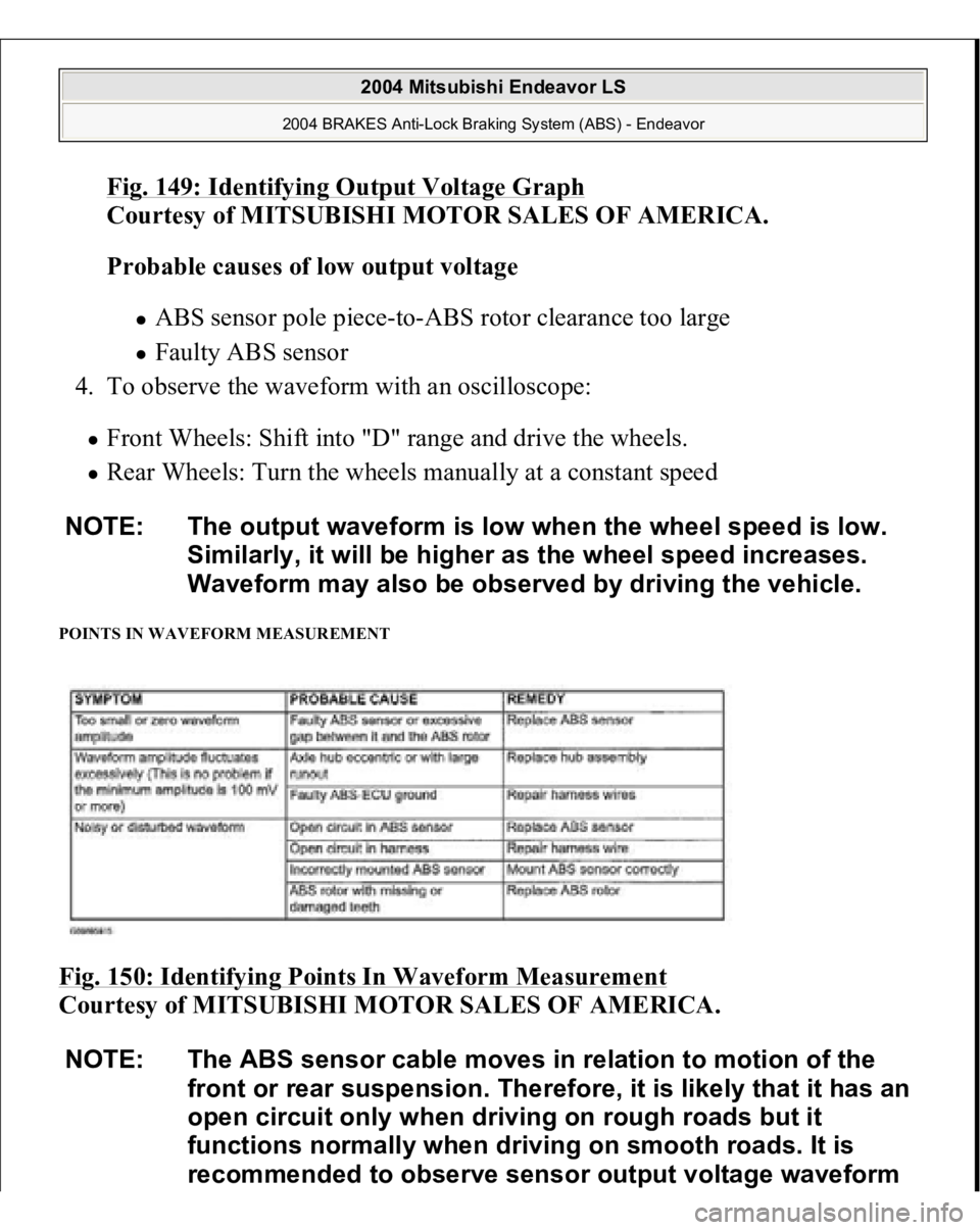MITSUBISHI ENDEAVOR 2004 Service Repair Manual Fig. 149: Identifying Output Voltage Grap
h
Courtesy of MITSUBISHI MOTOR SALES OF AMERICA.
Probable causes of low output voltage
ABS sensor pole piece-to-ABS rotor clearance too large Faulty ABS MITSUBISHI ENDEAVOR 2004 Service Repair Manual Fig. 149: Identifying Output Voltage Grap
h
Courtesy of MITSUBISHI MOTOR SALES OF AMERICA.
Probable causes of low output voltage
ABS sensor pole piece-to-ABS rotor clearance too large Faulty ABS