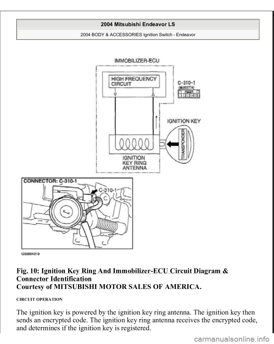 MITSUBISHI ENDEAVOR 2004  Service Repair Manual Fig. 10: Ignition Key Ring And Immobilizer
-ECU Circuit Diagram & 
Connector Identification
 
Courtesy of MITSUBISHI MOTOR SALES OF AMERICA. 
CIRCUIT OPERATION The ignition key is powered by the ignit