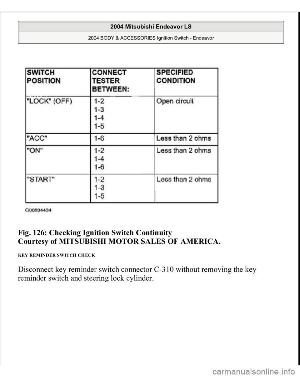 MITSUBISHI ENDEAVOR 2004  Service Repair Manual Fig. 126: Checking Ignition Switch Continuity
 
Courtesy of MITSUBISHI MOTOR SALES OF AMERICA. 
KEY REMINDER SWITCH CHECK Disconnect key reminder switch connector C-310 without removing the key 
remin