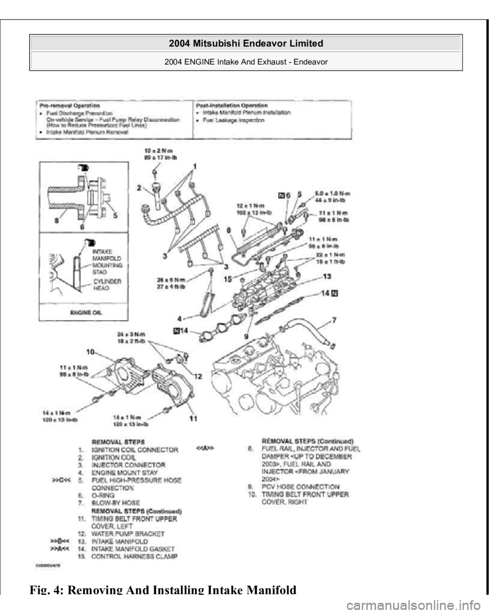 MITSUBISHI ENDEAVOR 2004  Service Repair Manual Fig. 4: Removin
g And Installin
g Intake Manifol
d 
 
2004 Mitsubishi Endeavor Limited 2004 ENGINE Intake And Exhaust - Endeavor
   