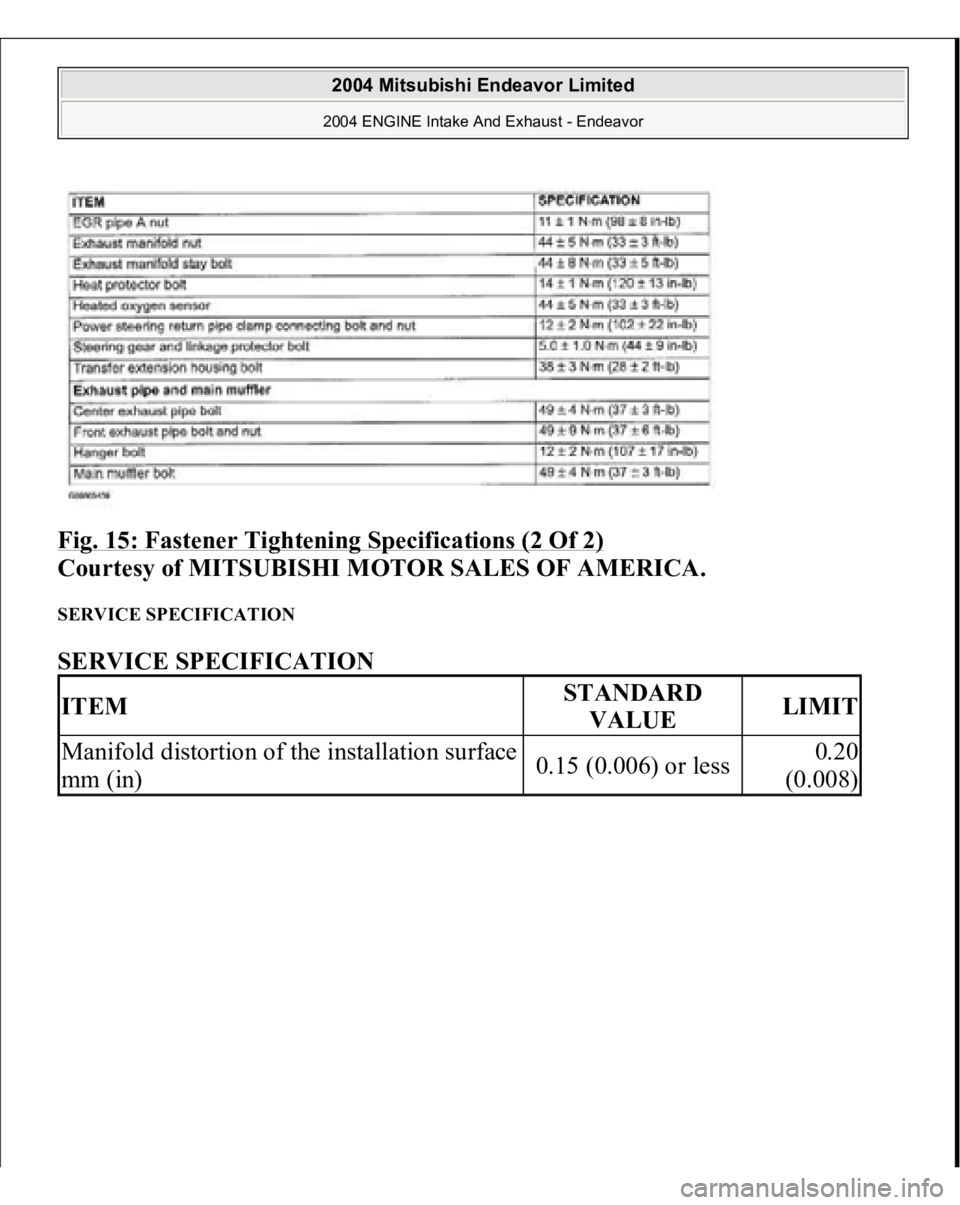 MITSUBISHI ENDEAVOR 2004  Service Repair Manual Fig. 15: Fastener Tightening Specifications (2 Of 2)
 
Courtesy of MITSUBISHI MOTOR SALES OF AMERICA. 
SERVICE SPECIFICATION SERVICE SPECIFICATION ITEM
STANDARD 
VALUE
LIMIT
Manifold distortion of the