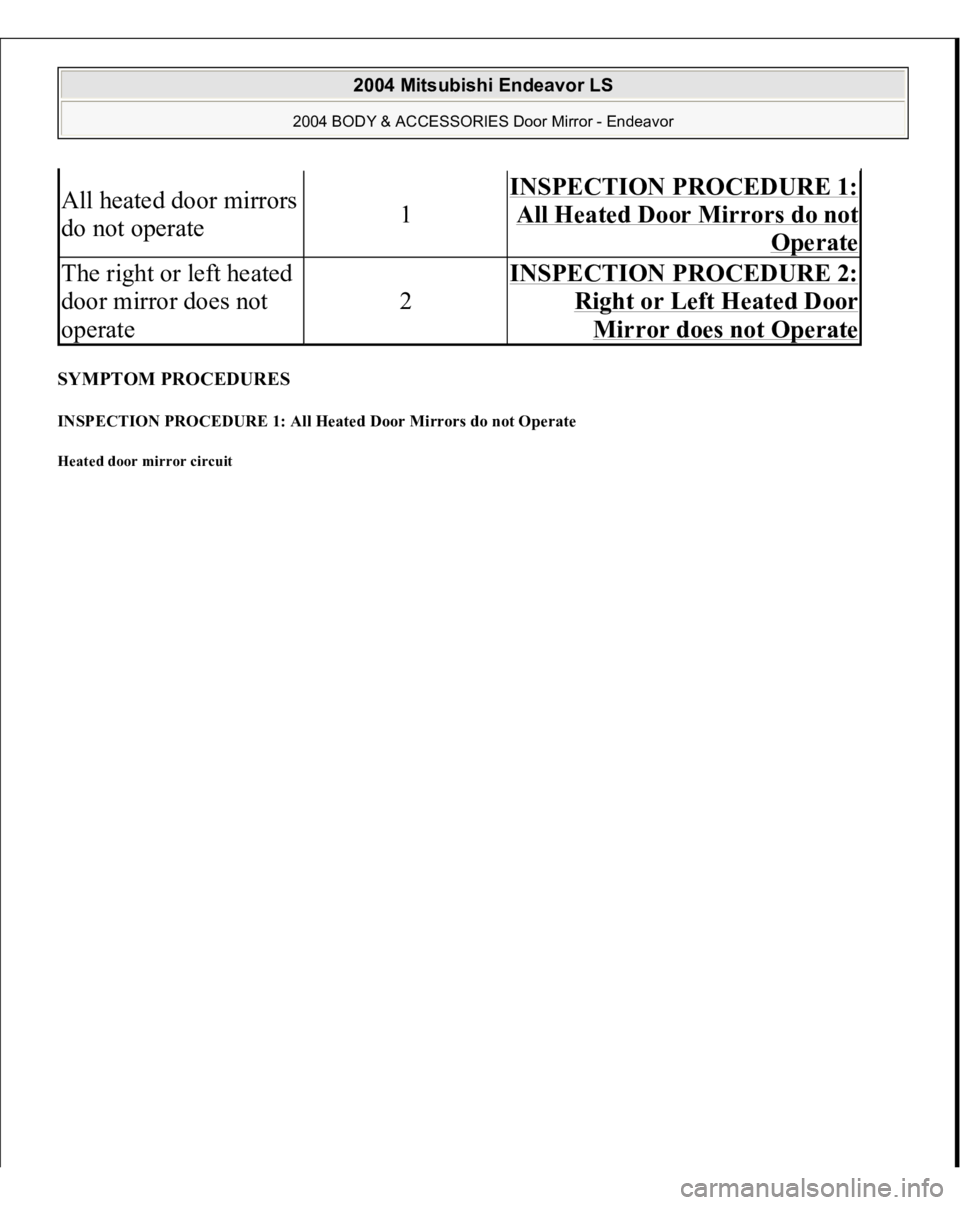 MITSUBISHI ENDEAVOR 2004  Service Repair Manual SYMPTOM PROCEDURES INSPECTION PROCEDURE 1: All Heated Door Mirrors do not Operate Heated door mirror circuit All heated door mirrors 
do not operate
1
INSPECTION PROCEDURE 1: All Heated Door Mirrors d