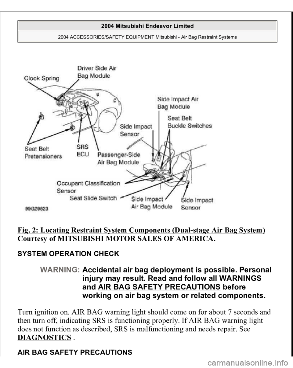 MITSUBISHI ENDEAVOR 2004  Service Repair Manual Fig. 2: Locating Restraint System Components (Dual
-stage Air Bag System)
 
Courtesy of MITSUBISHI MOTOR SALES OF AMERICA.
 
SYSTEM OPERATION CHECK Turn ignition on. AIR BAG warning light should come 