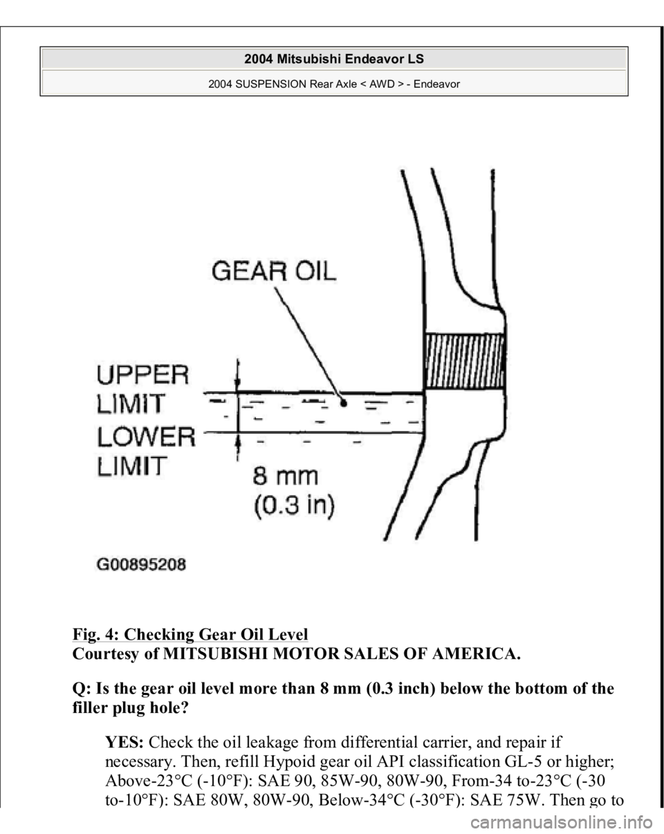 MITSUBISHI ENDEAVOR 2004  Service Repair Manual Fig. 4: Checking Gear Oil Level
 
Courtesy of MITSUBISHI MOTOR SALES OF AMERICA. 
Q: Is the gear oil level more than 8 mm (0.3 inch) below the bottom of the 
filler plug hole?  
YES: Check the oil lea