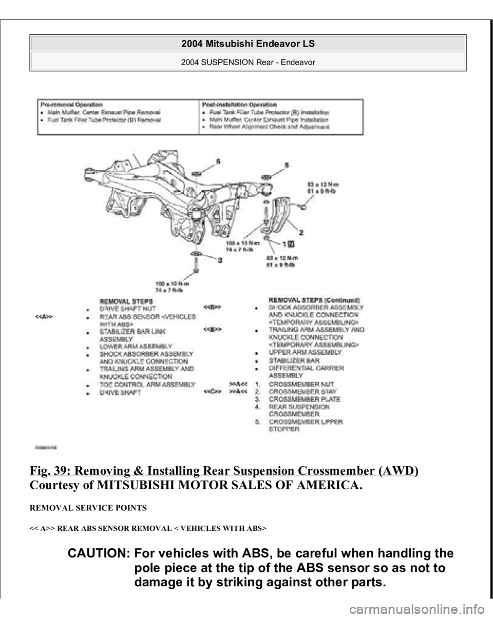 MITSUBISHI ENDEAVOR 2004  Service Repair Manual Fig. 39: Removing & Installing Rear Suspension Crossmember (AWD)
 
Courtesy of MITSUBISHI MOTOR SALES OF AMERICA. 
REMOVAL SERVICE POINTS << A>> REAR ABS SENSOR REMOVAL < VEHICLES WITH ABS> 
CAUTION: 
