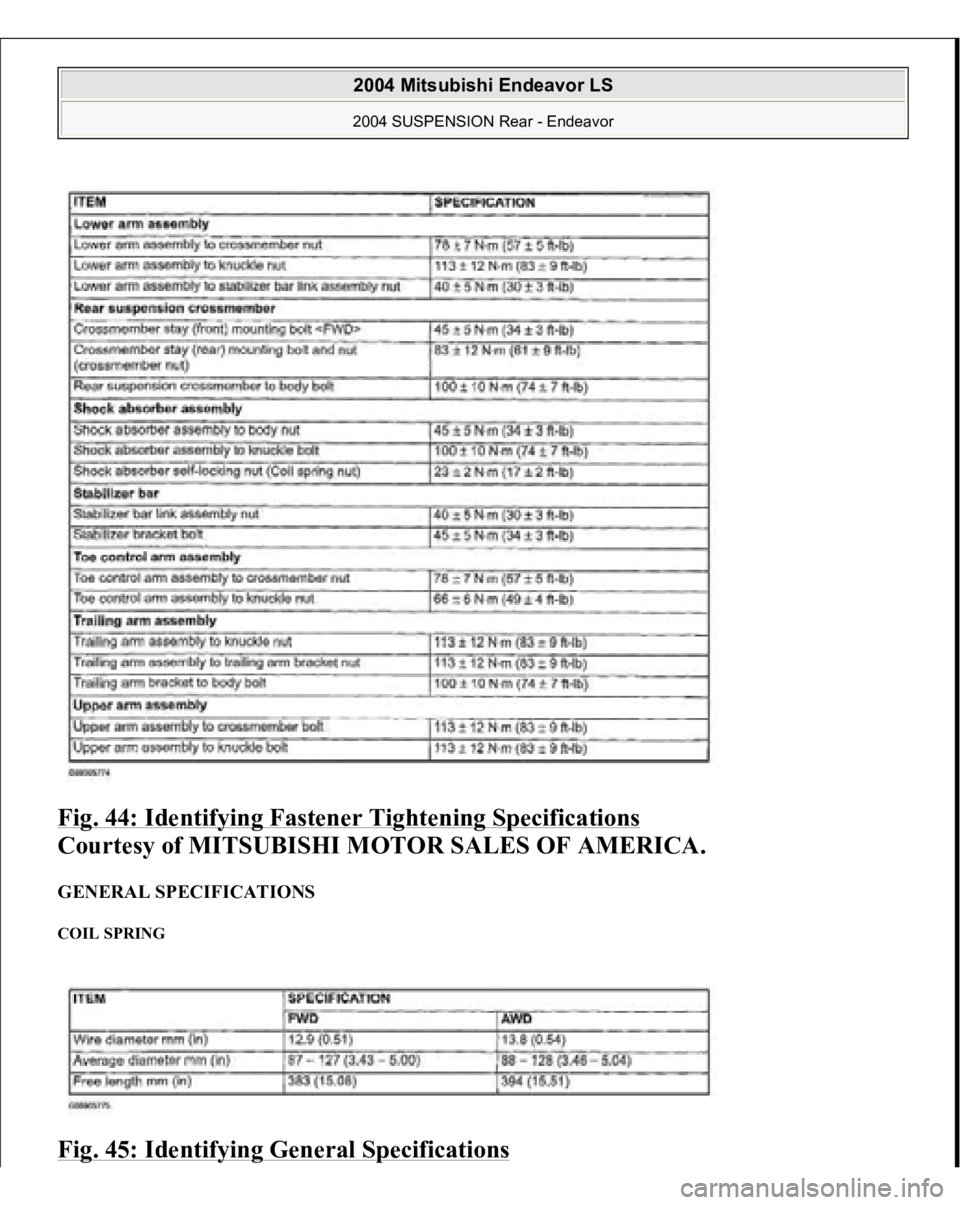 MITSUBISHI ENDEAVOR 2004  Service Repair Manual Fig. 44: Identifying Fastener Tightening Specifications
 
Courtesy of MITSUBISHI MOTOR SALES OF AMERICA. 
GENERAL SPECIFICATIONS COIL SPRING Fig. 45: Identifying General Specifications 
2004 Mitsubish