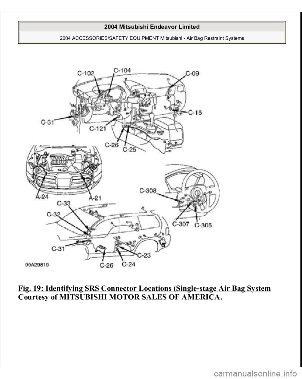 MITSUBISHI ENDEAVOR 2004  Service Repair Manual Fig. 19: Identifying SRS Connector Locations (Single
-stage Air Bag System
 
Courtesy of MITSUBISHI MOTOR SALES OF AMERICA.
 
2004 Mitsubishi Endeavor Limited 
2004 ACCESSORIES/SAFETY EQUIPMENT Mitsub