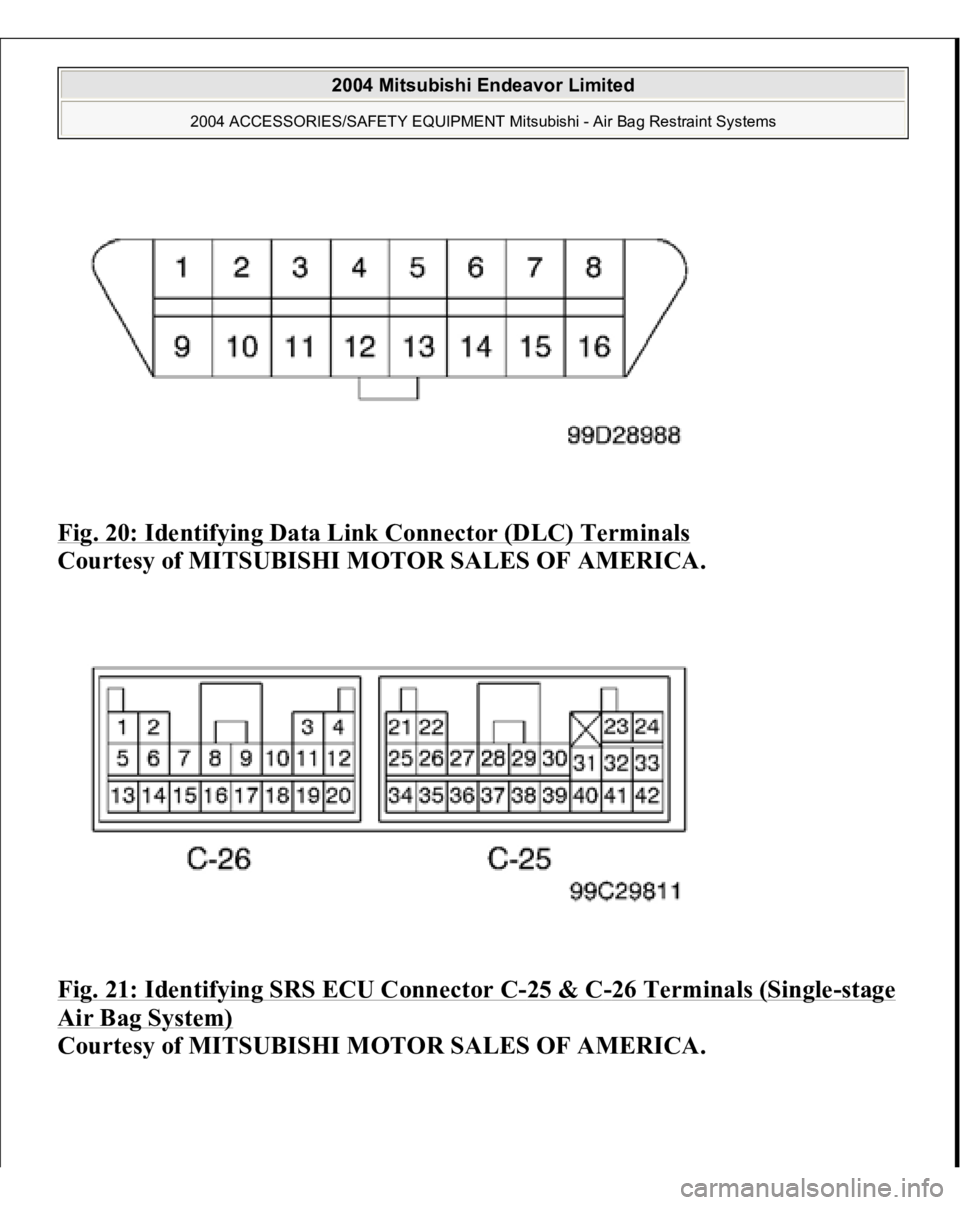 MITSUBISHI ENDEAVOR 2004  Service Repair Manual Fig. 20: Identifying Data Link Connector (DLC) Terminals
 
Courtesy of MITSUBISHI MOTOR SALES OF AMERICA. 
Fig. 21: Identifying SRS ECU Connector C
-25 & C
-26 Terminals (Single
-stage 
Air Bag System