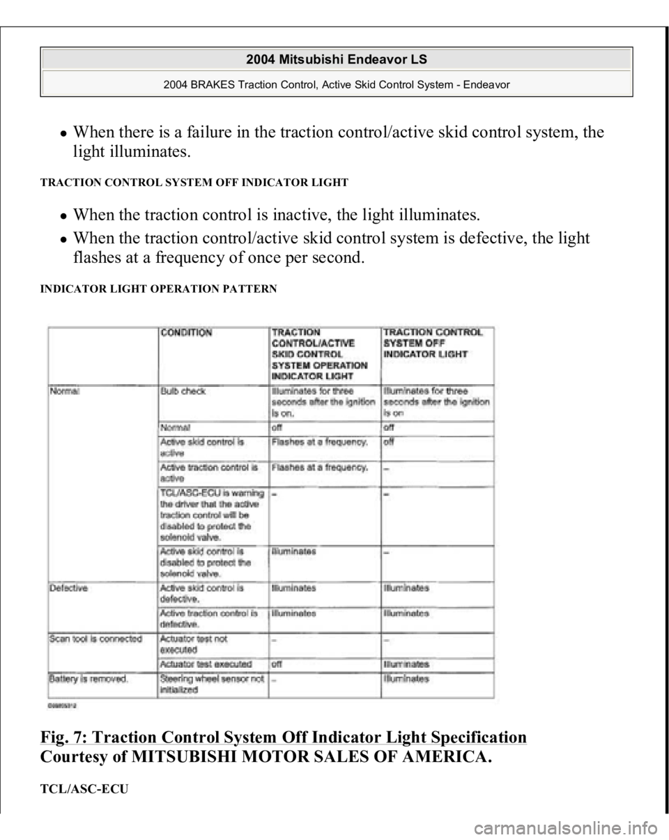MITSUBISHI ENDEAVOR 2004  Service Repair Manual When there is a failure in the traction control/active skid control system, the 
light illuminates.  
TRACTION CONTROL SYSTEM OFF INDICATOR LIGHT 
When the traction control is inactive, the light illu
