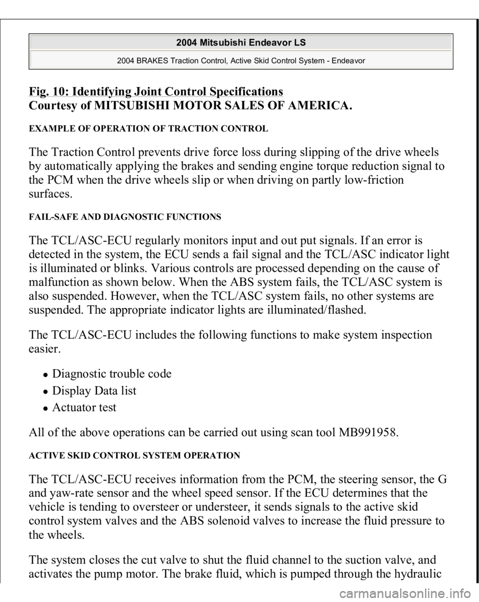 MITSUBISHI ENDEAVOR 2004  Service Repair Manual Fig. 10: Identifying Joint Control Specification
s 
Courtesy of MITSUBISHI MOTOR SALES OF AMERICA. 
EXAMPLE OF OPERATION OF TRACTION CONTROL The Traction Control prevents drive force loss during slipp