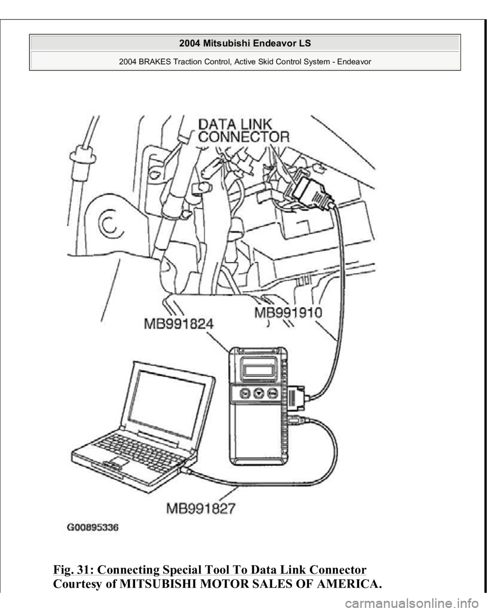 MITSUBISHI ENDEAVOR 2004  Service Repair Manual Fig. 31: Connecting Special Tool To Data Link Connector
 
Courtesy of MITSUBISHI MOTOR SALES OF AMERICA.
 
2004 Mitsubishi Endeavor LS 
2004 BRAKES Traction Control, Active Skid Control System - Endea