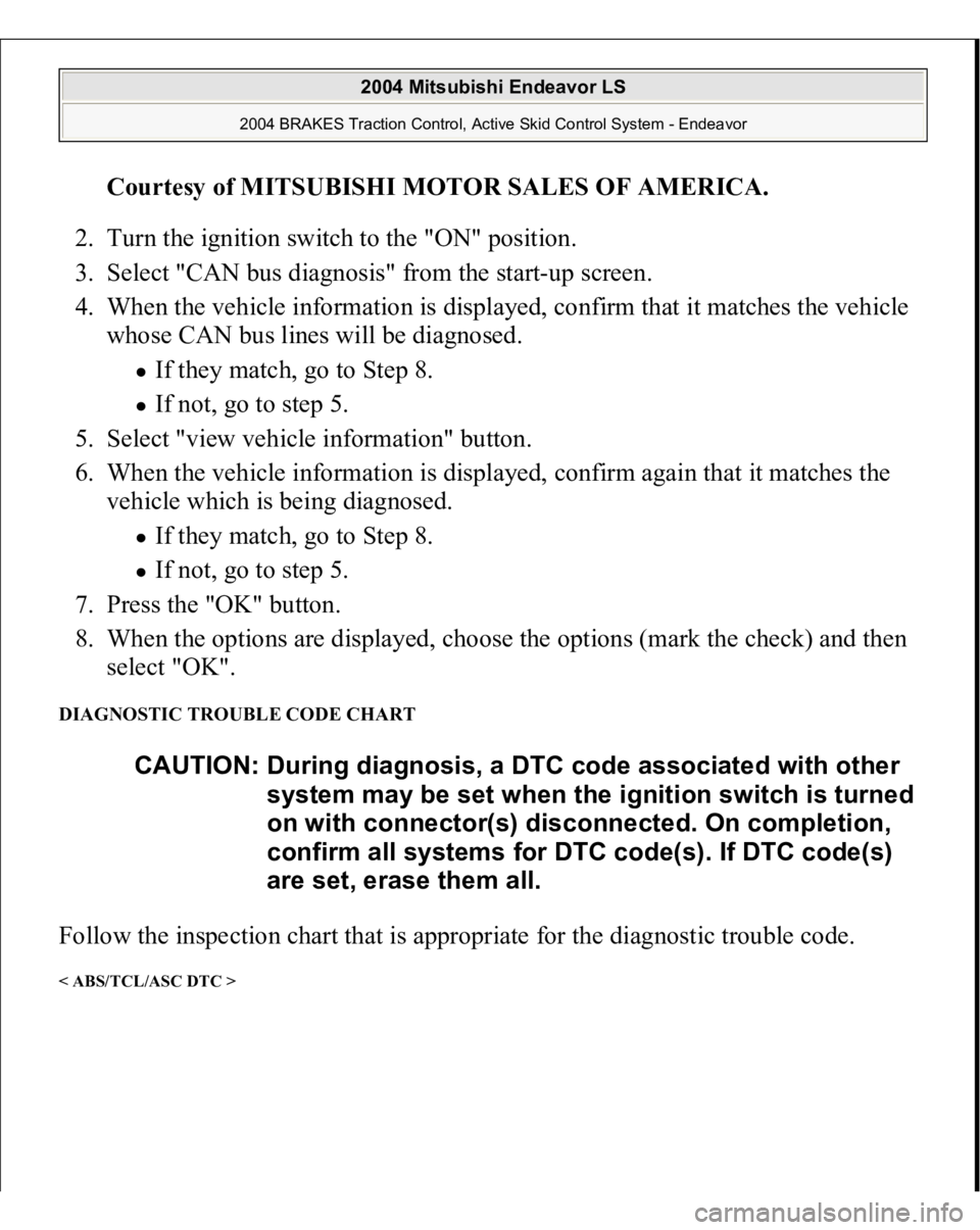 MITSUBISHI ENDEAVOR 2004  Service Repair Manual Courtesy of MITSUBISHI MOTOR SALES OF AMERICA
. 
2. Turn the ignition switch to the "ON" position.  
3. Select "CAN bus diagnosis" from the start-up screen.  
4. When the vehicle infor