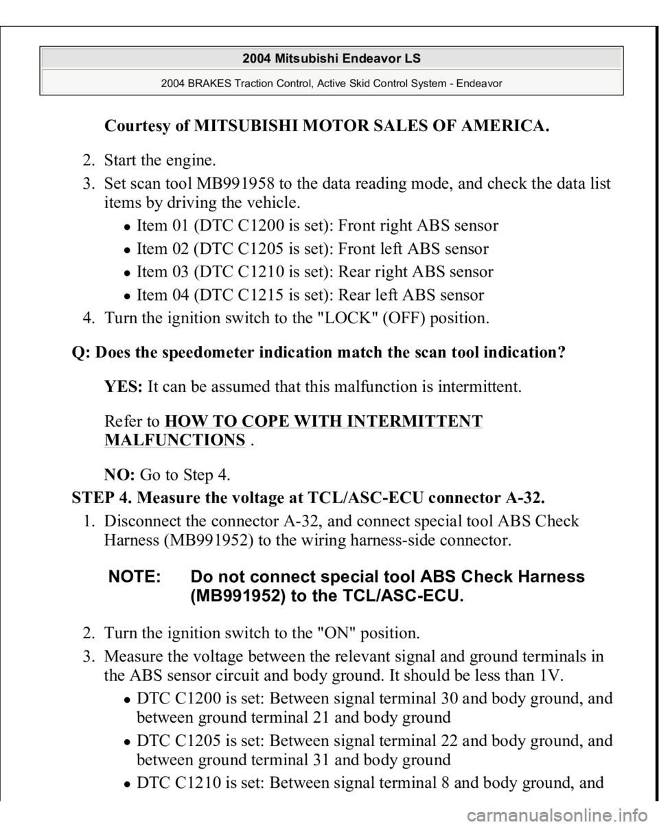MITSUBISHI ENDEAVOR 2004  Service Repair Manual Courtesy of MITSUBISHI MOTOR SALES OF AMERICA
. 
2. Start the engine.  
3. Set scan tool MB991958 to the data reading mode, and check the data list 
items by driving the vehicle. 
Item 01 (DTC C1200 i
