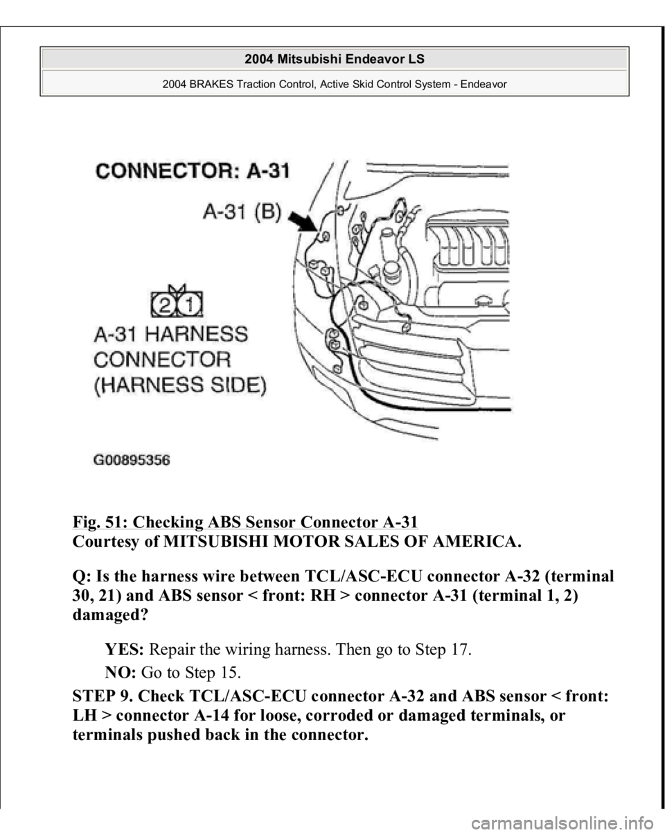 MITSUBISHI ENDEAVOR 2004  Service Repair Manual Fig. 51: Checking ABS Sensor Connector A
-31 
Courtesy of MITSUBISHI MOTOR SALES OF AMERICA. 
Q: Is the harness wire between TCL/ASC-ECU connector A-32 (terminal 
30, 21) and ABS sensor < front: RH > 