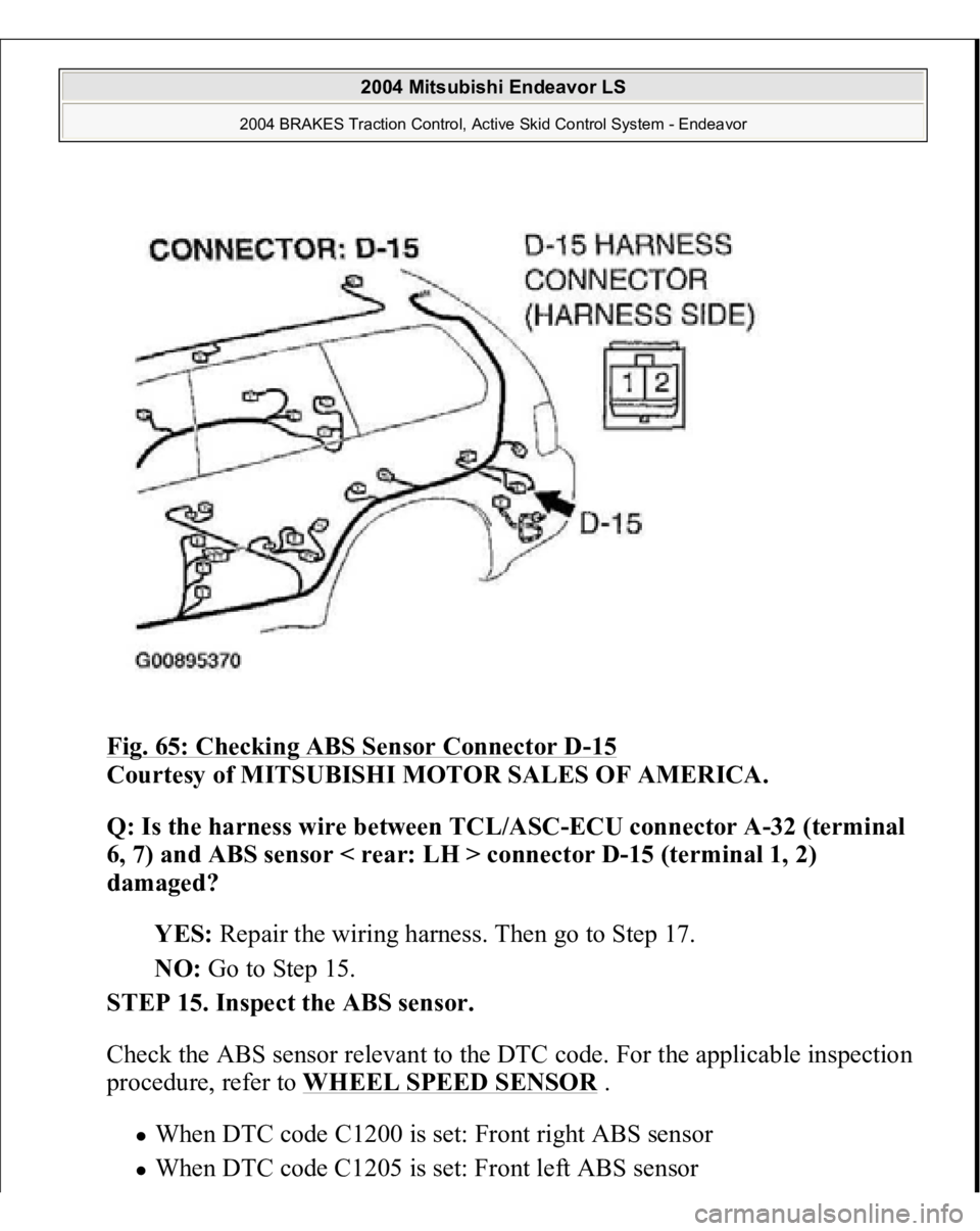 MITSUBISHI ENDEAVOR 2004  Service Repair Manual Fig. 65: Checking ABS Sensor Connector D
-15 
Courtesy of MITSUBISHI MOTOR SALES OF AMERICA. 
Q: Is the harness wire between TCL/ASC-ECU connector A-32 (terminal 
6, 7) and ABS sensor < rear: LH > con