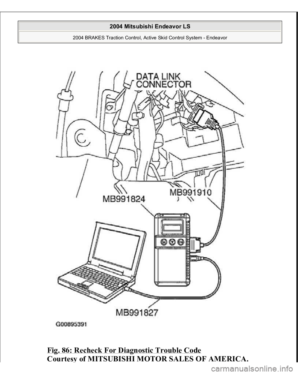MITSUBISHI ENDEAVOR 2004  Service Repair Manual Fig. 86: Recheck For Diagnostic Trouble Code
 
Courtes
y of MITSUBISHI MOTOR SALES OF AMERICA
.
 
2004 Mitsubishi Endeavor LS 
2004 BRAKES Traction Control, Active Skid Control System - Endeavor
   
