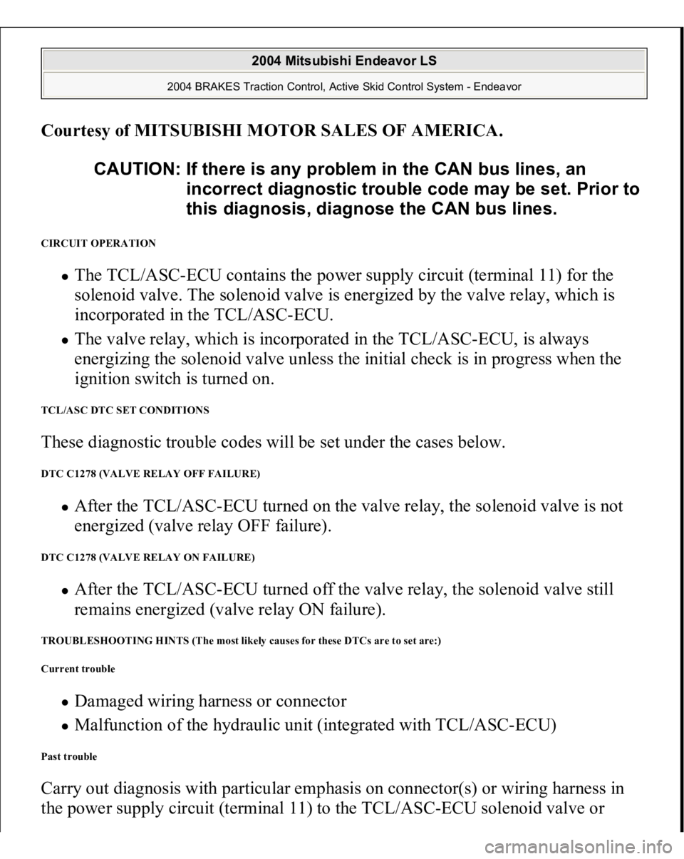 MITSUBISHI ENDEAVOR 2004  Service Repair Manual Courtesy of MITSUBISHI MOTOR SALES OF AMERICA
. 
CIRCUIT OPERATION 
The TCL/ASC-ECU contains the power supply circuit (terminal 11) for the 
solenoid valve. The solenoid valve is energized by the valv