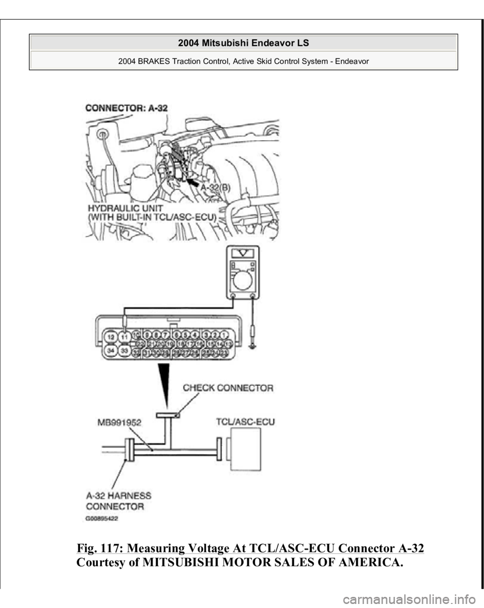 MITSUBISHI ENDEAVOR 2004  Service Repair Manual Fig. 117: Measuring Voltage At TCL/ASC
-ECU Connector A
-32 
Courtesy of MITSUBISHI MOTOR SALES OF AMERICA.
 
2004 Mitsubishi Endeavor LS 
2004 BRAKES Traction Control, Active Skid Control System - En
