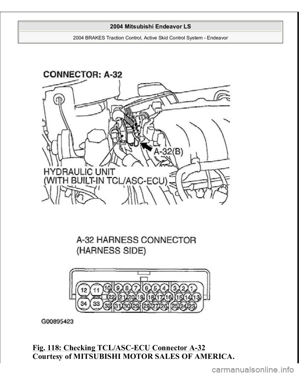 MITSUBISHI ENDEAVOR 2004  Service Repair Manual Fig. 118: Checking TCL/ASC
-ECU Connector A
-32 
Courtesy of MITSUBISHI MOTOR SALES OF AMERICA.
 
2004 Mitsubishi Endeavor LS 
2004 BRAKES Traction Control, Active Skid Control System - Endeavor
   