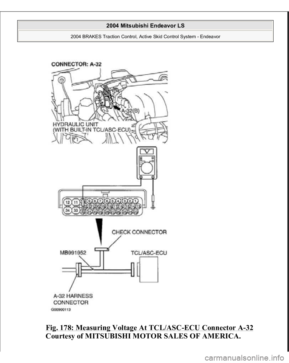 MITSUBISHI ENDEAVOR 2004  Service Repair Manual Fig. 178: Measuring Voltage At TCL/ASC
-ECU Connector A
-32 
Courtesy of MITSUBISHI MOTOR SALES OF AMERICA.
 
2004 Mitsubishi Endeavor LS 
2004 BRAKES Traction Control, Active Skid Control System - En