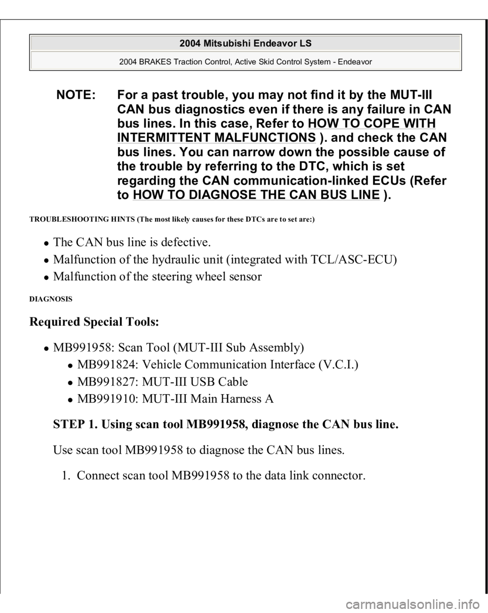 MITSUBISHI ENDEAVOR 2004  Service Repair Manual TROUBLESHOOTING HINTS (The most likely causes for these DTCs are to set are:) 
The CAN bus line is defective.  Malfunction of the hydraulic unit (integrated with TCL/ASC-ECU)  Malfunction of the steer
