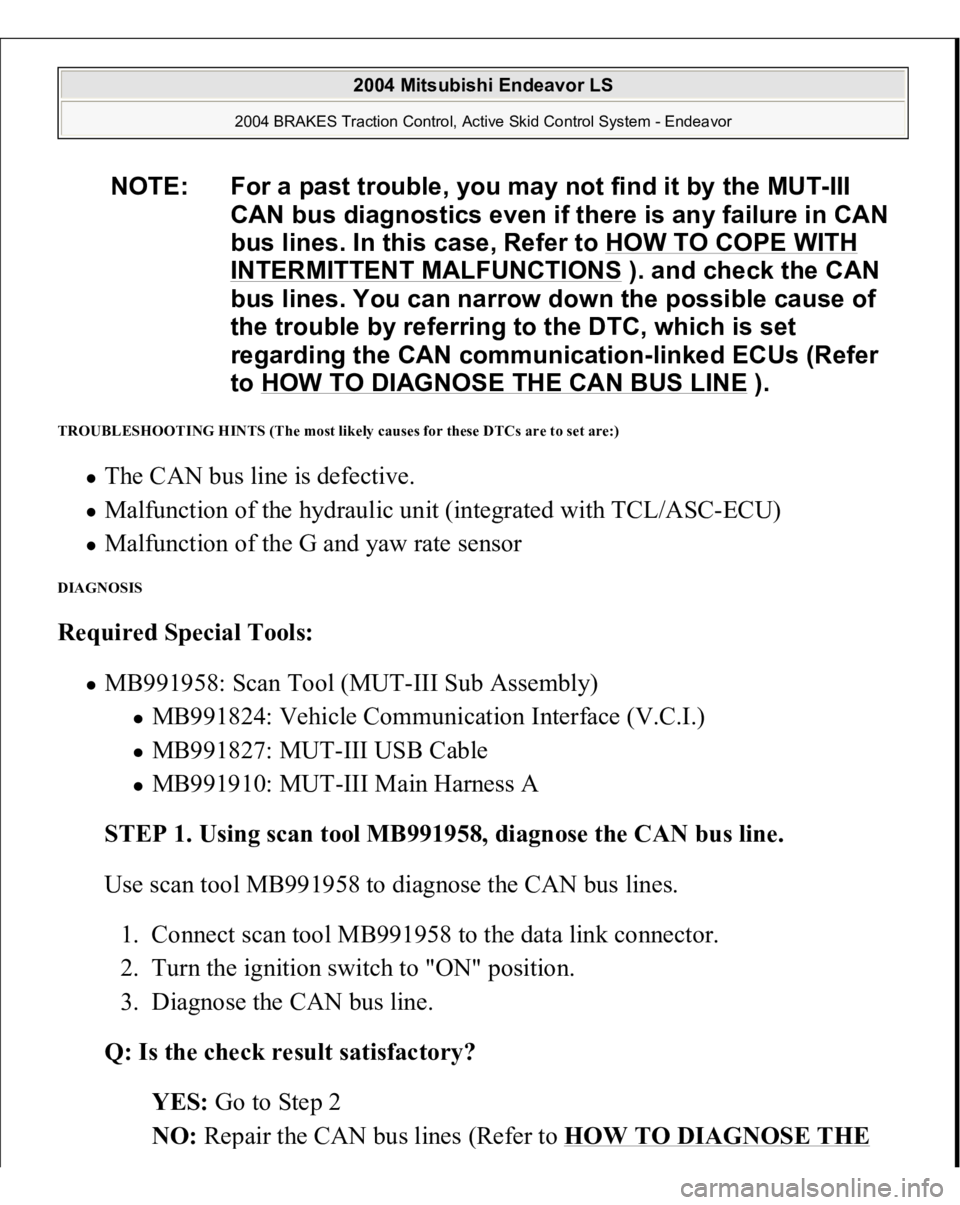 MITSUBISHI ENDEAVOR 2004  Service Repair Manual TROUBLESHOOTING HINTS (The most likely causes for these DTCs are to set are:) 
The CAN bus line is defective.  Malfunction of the hydraulic unit (integrated with TCL/ASC-ECU)  Malfunction of the G and