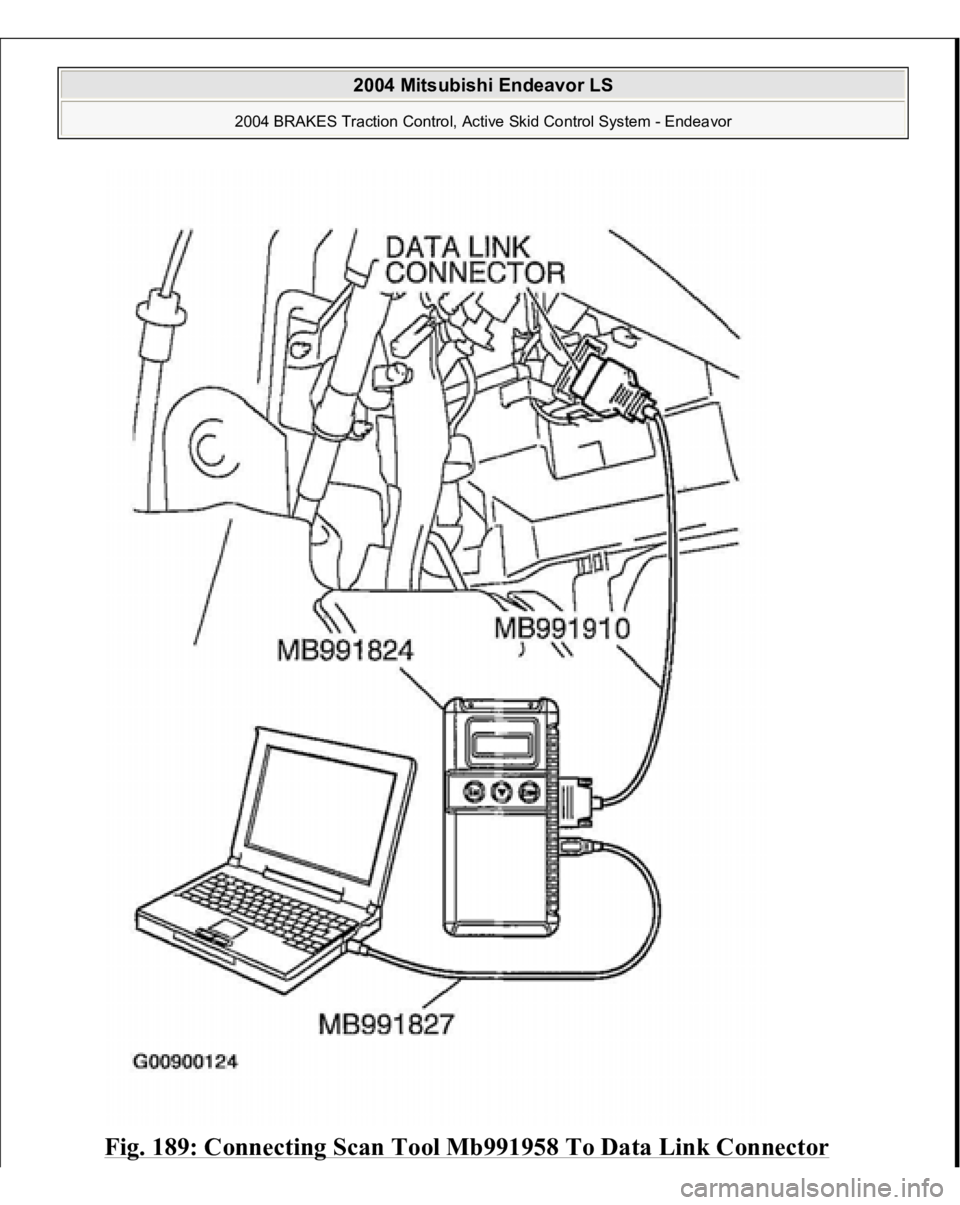 MITSUBISHI ENDEAVOR 2004  Service Repair Manual Fig. 189: Connecting Scan Tool Mb991958 To Data Link Connector
 
2004 Mitsubishi Endeavor LS 
2004 BRAKES Traction Control, Active Skid Control System - Endeavor
   