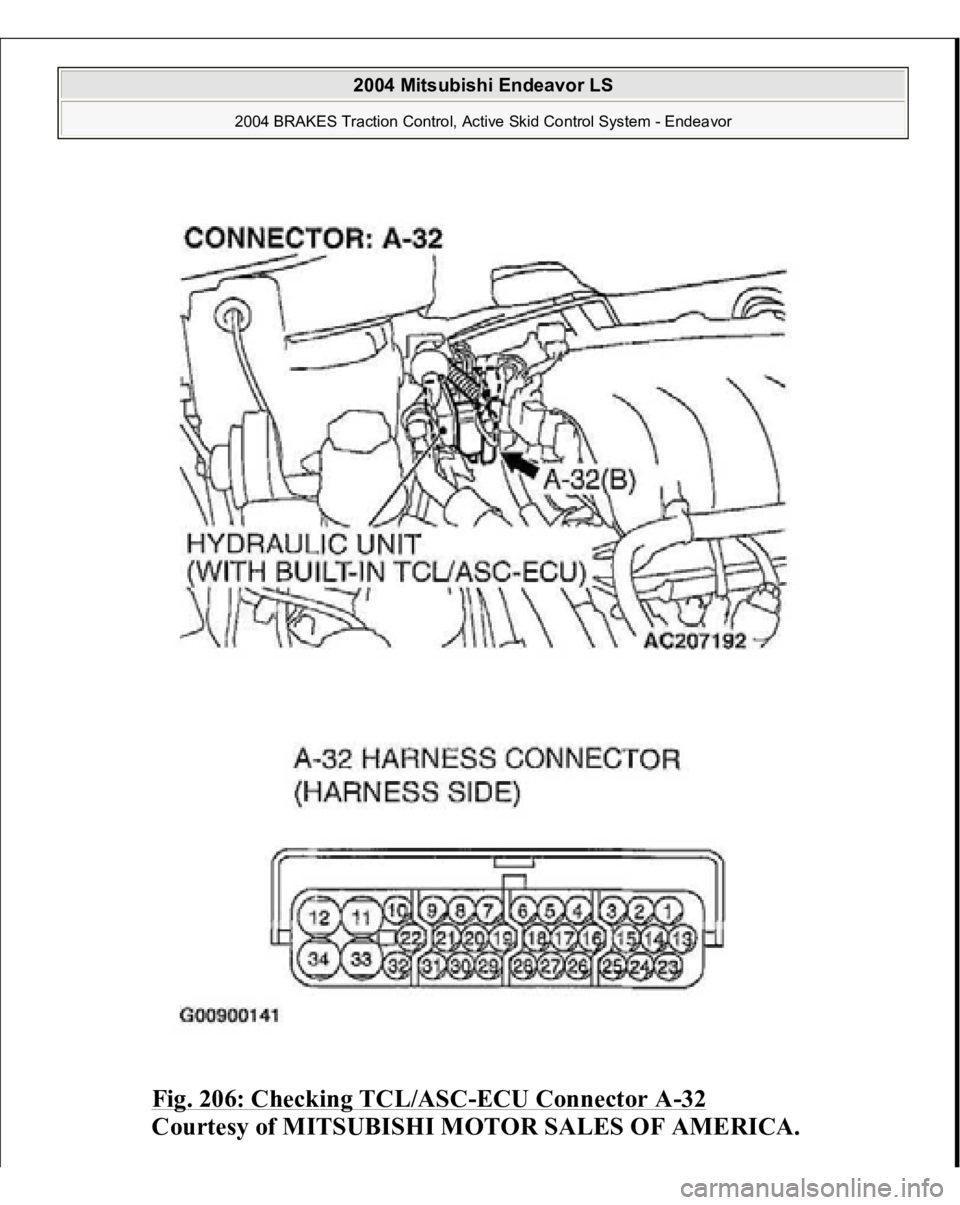 MITSUBISHI ENDEAVOR 2004  Service Repair Manual Fig. 206: Checking TCL/ASC
-ECU Connector A
-32 
Courtesy of MITSUBISHI MOTOR SALES OF AMERICA.
 
2004 Mitsubishi Endeavor LS 
2004 BRAKES Traction Control, Active Skid Control System - Endeavor
   