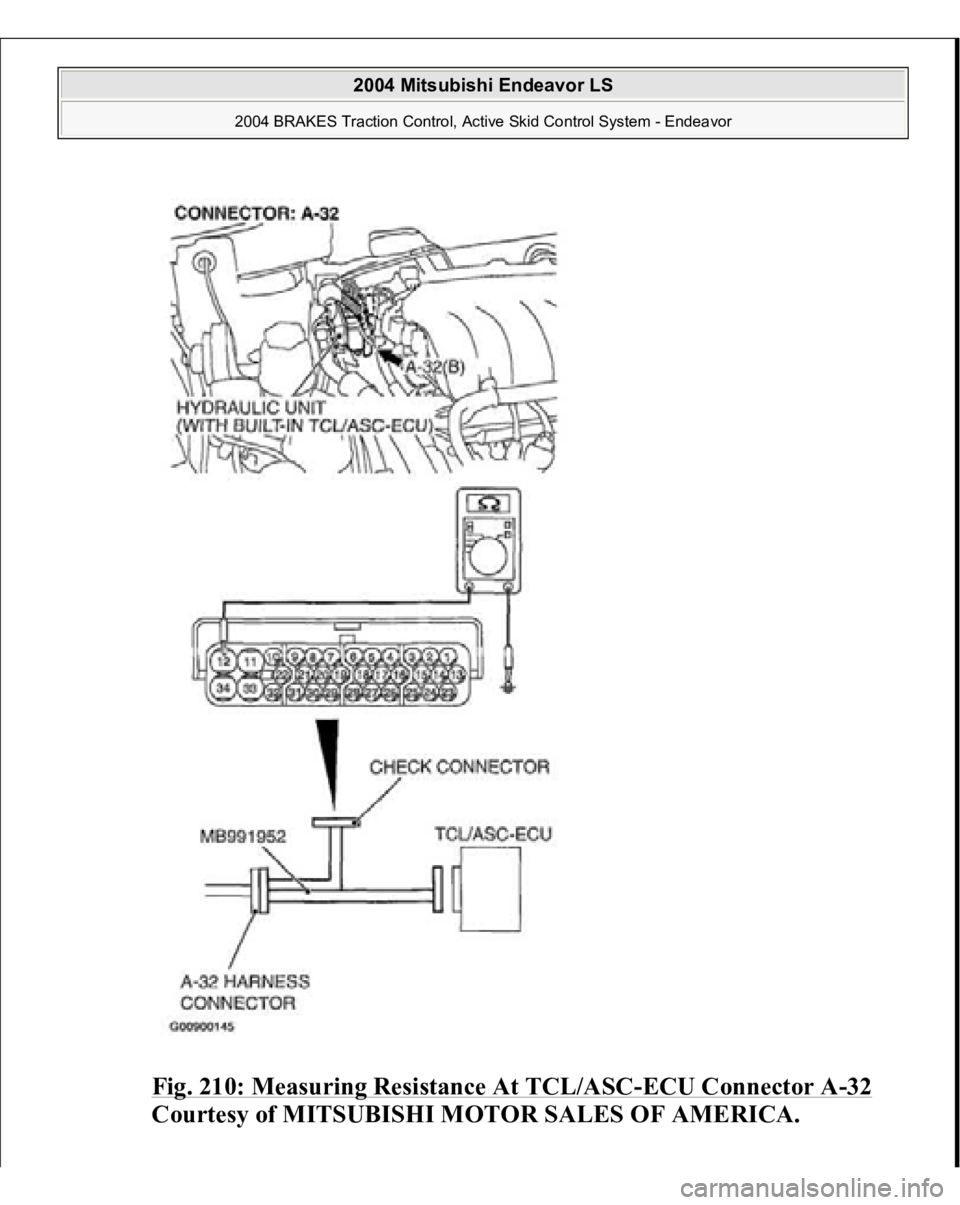 MITSUBISHI ENDEAVOR 2004  Service Repair Manual Fig. 210: Measuring Resistance At TCL/ASC
-ECU Connector A
-32 
Courtesy of MITSUBISHI MOTOR SALES OF AMERICA.
 
2004 Mitsubishi Endeavor LS 
2004 BRAKES Traction Control, Active Skid Control System -
