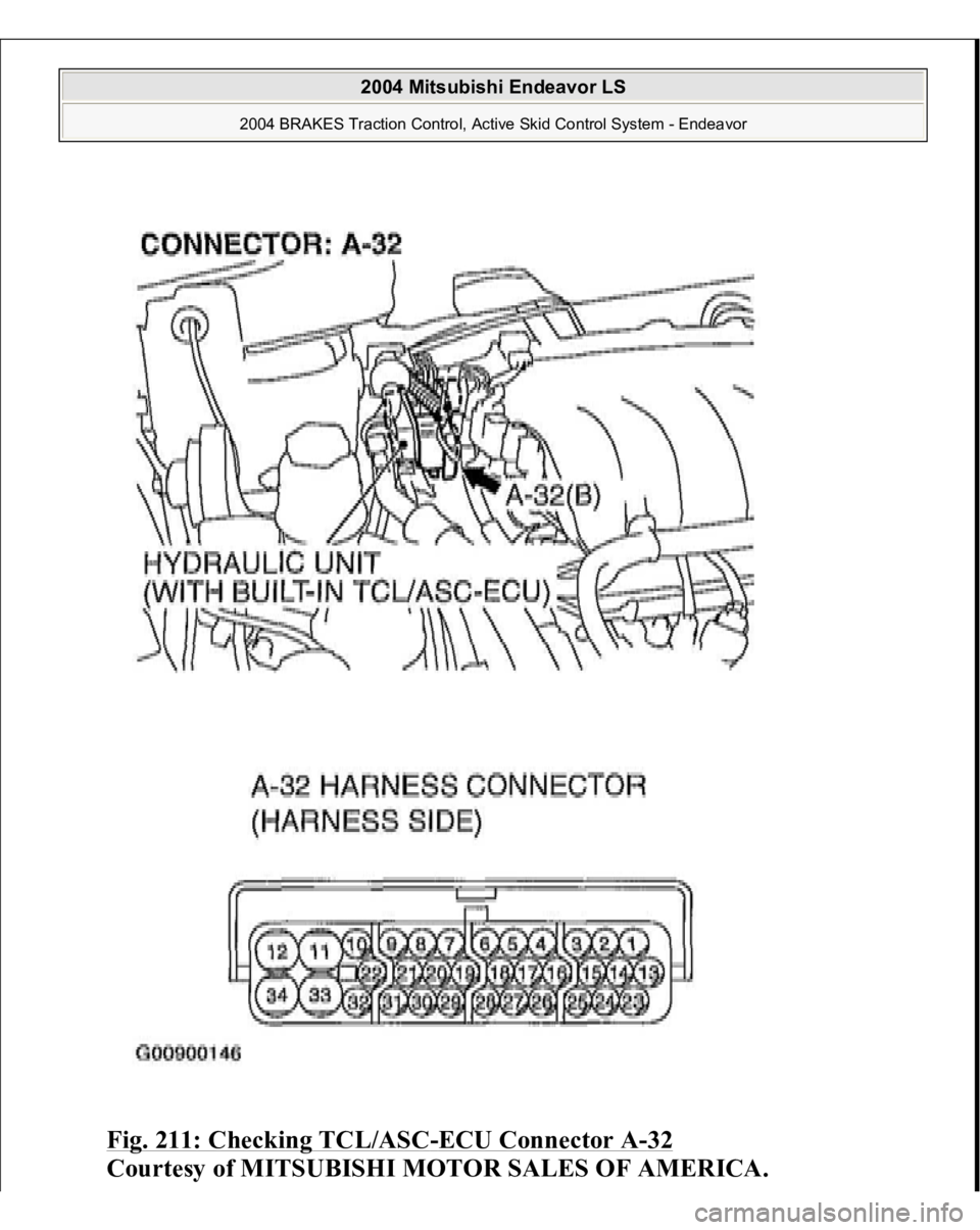 MITSUBISHI ENDEAVOR 2004  Service Repair Manual Fig. 211: Checking TCL/ASC
-ECU Connector A
-32 
Courtesy of MITSUBISHI MOTOR SALES OF AMERICA.
 
2004 Mitsubishi Endeavor LS 
2004 BRAKES Traction Control, Active Skid Control System - Endeavor
   