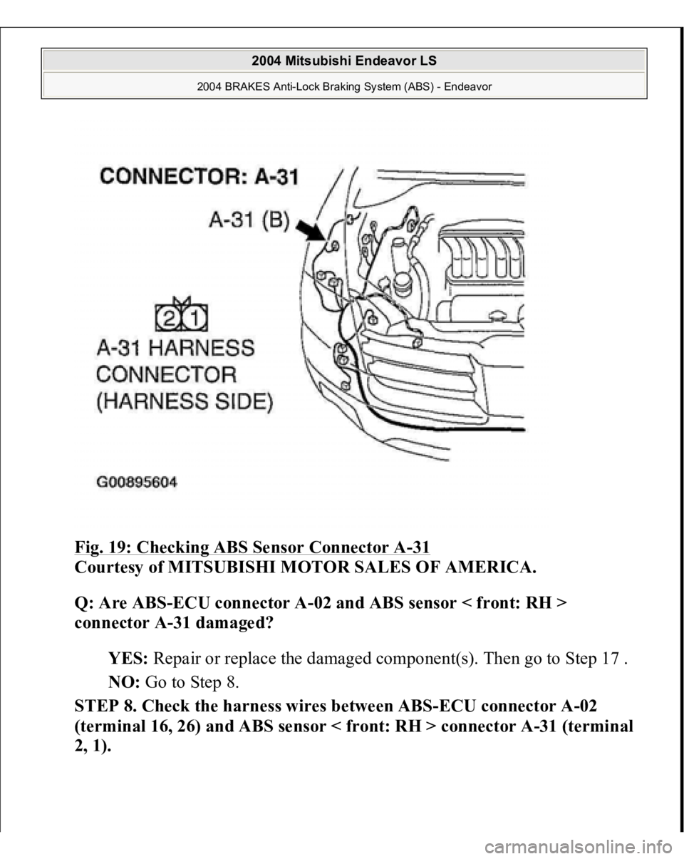 MITSUBISHI ENDEAVOR 2004  Service Repair Manual Fig. 19: Checking ABS Sensor Connector A
-31 
Courtesy of MITSUBISHI MOTOR SALES OF AMERICA. 
Q: Are ABS-ECU connector A-02 and ABS sensor < front: RH > 
connector A-31 damaged?  
YES: Repair or repla