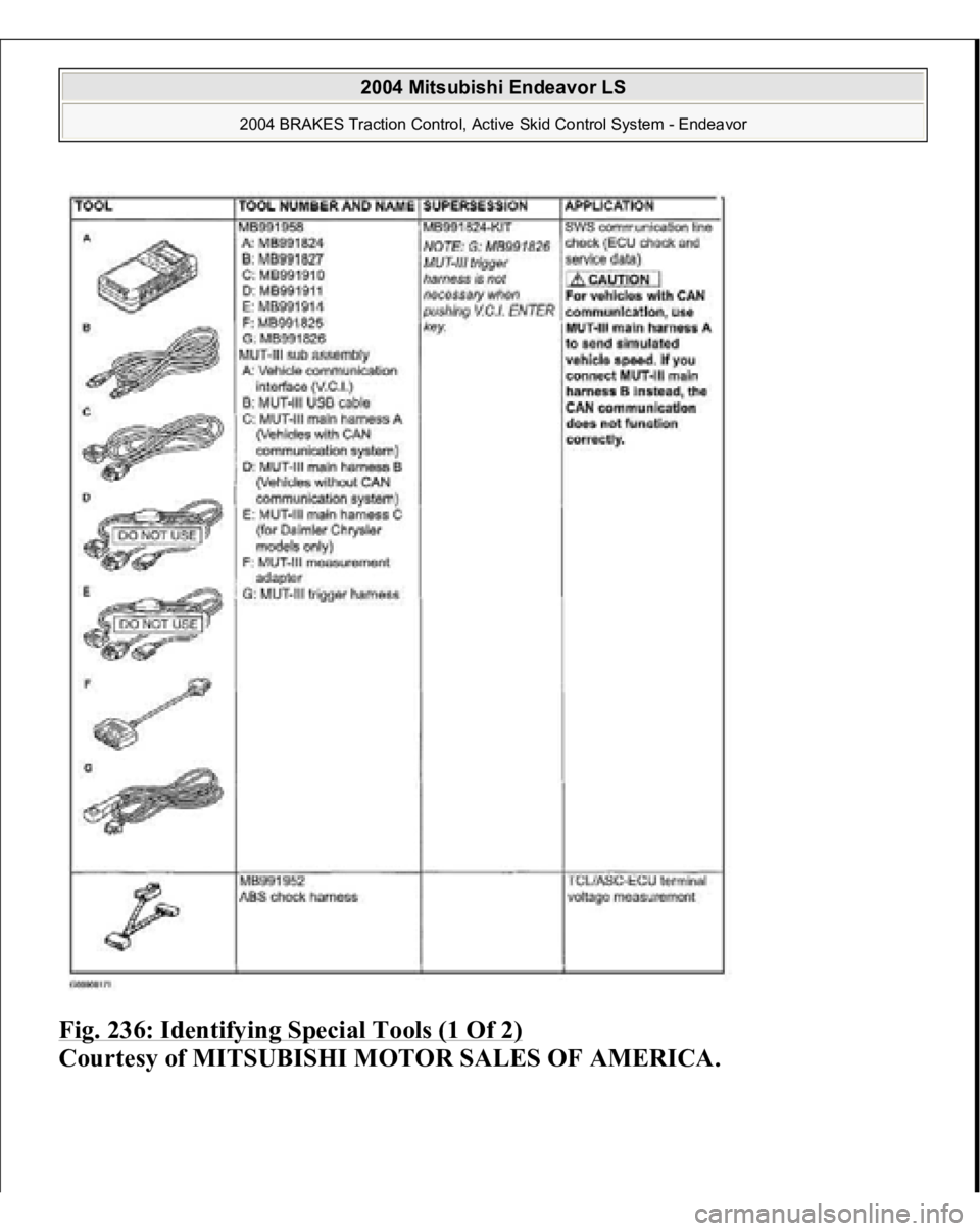 MITSUBISHI ENDEAVOR 2004  Service Repair Manual Fig. 236: Identifying Special Tools (1 Of 2)
 
Courtesy of MITSUBISHI MOTOR SALES OF AMERICA.
 
2004 Mitsubishi Endeavor LS 
2004 BRAKES Traction Control, Active Skid Control System - Endeavor
   