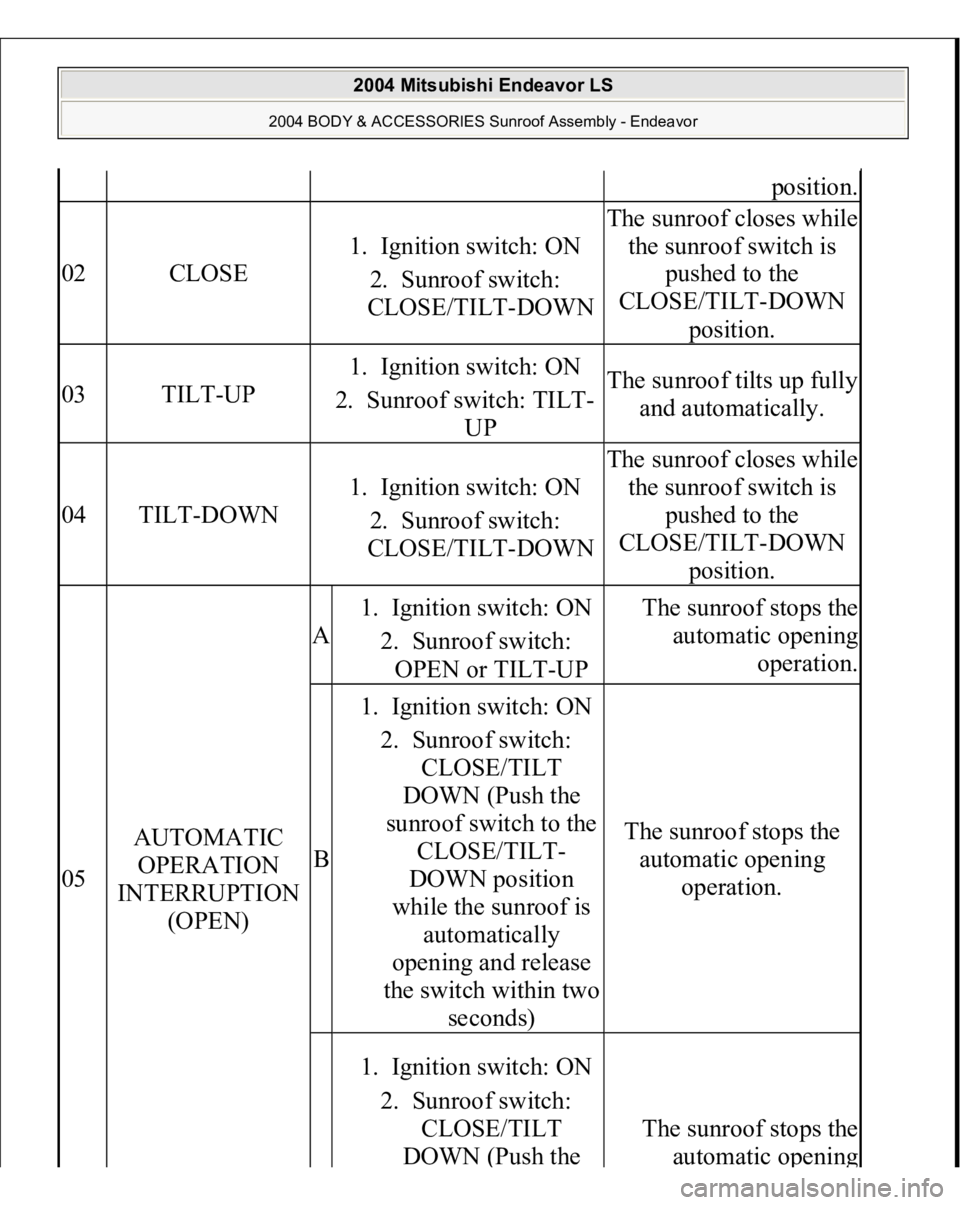MITSUBISHI ENDEAVOR 2004  Service Repair Manual position.
02
CLOSE
1. Ignition switch: ON  
2. Sunroof switch: 
CLOSE/TILT-DOWN  
The sunroof closes while 
the sunroof switch is 
pushed to the 
CLOSE/TILT-DOWN 
position.
03
TILT-UP
1. Ignition swit