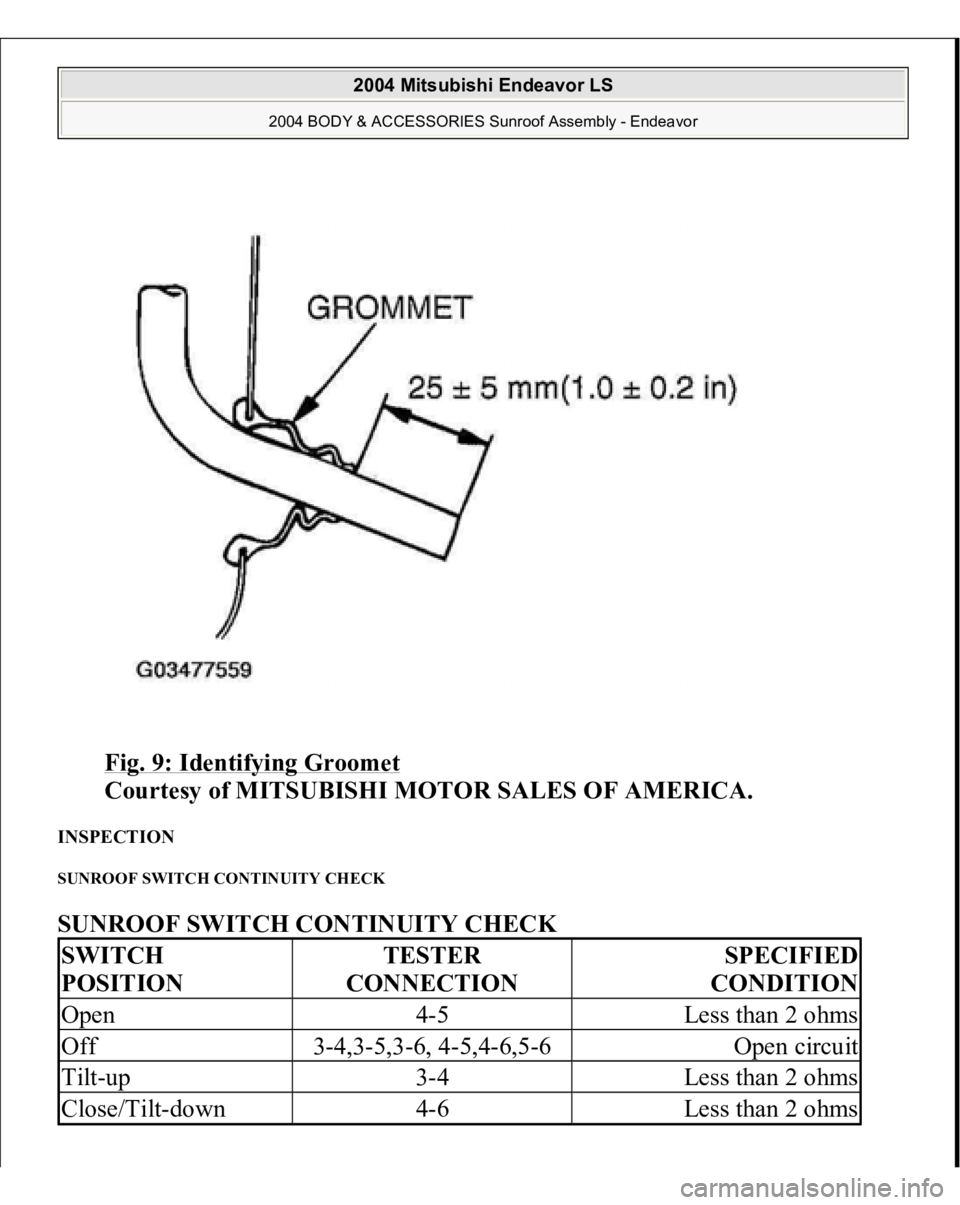 MITSUBISHI ENDEAVOR 2004  Service Repair Manual Fig. 9: Identifying Groomet
 
Courtesy of MITSUBISHI MOTOR SALES OF AMERICA. 
INSPECTION SUNROOF SWITCH CONTINUITY CHECK SUNROOF SWITCH CONTINUITY CHECK SWITCH 
POSITION
TESTER 
CONNECTION
SPECIFIED 
