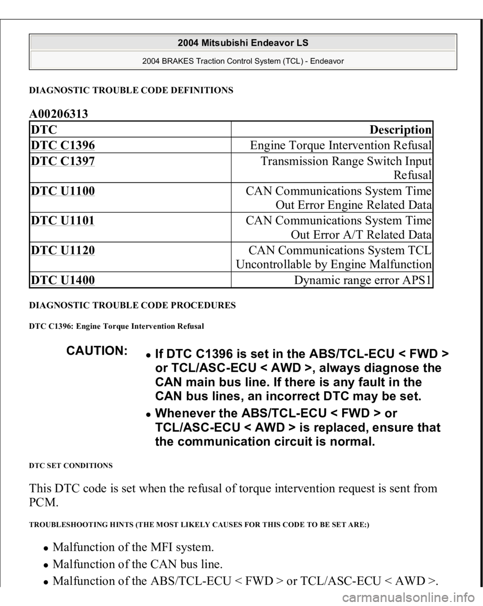 MITSUBISHI ENDEAVOR 2004  Service Repair Manual DIAGNOSTIC TROUBLE CODE DEFINITIONSA00206313 DIAGNOSTIC TROUBLE CODE PROCEDURES DTC C1396: Engine Torque Intervention Refusal DTC SET CONDITIONS This DTC code is set when the refusal of torque interve