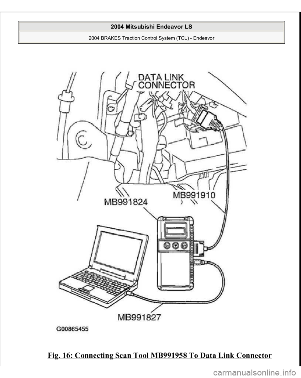 MITSUBISHI ENDEAVOR 2004  Service Repair Manual Fig. 16: Connectin
g Scan Tool MB991958 To Data Link Connector
 
2004 Mitsubishi Endeavor LS 
2004 BRAKES Traction Control System (TCL) - Endeavor
   