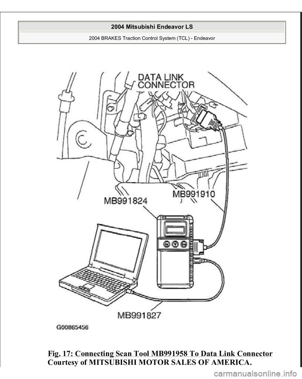 MITSUBISHI ENDEAVOR 2004  Service Repair Manual Fig. 17: Connecting Scan Tool MB991958 To Data Link Connector
 
Courtes
y of MITSUBISHI MOTOR SALES OF AMERICA
.
 
2004 Mitsubishi Endeavor LS 
2004 BRAKES Traction Control System (TCL) - Endeavor
   