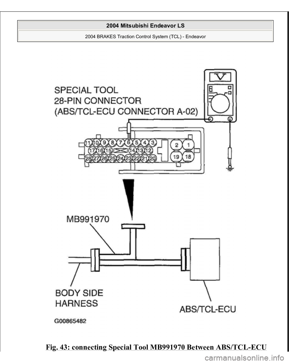 MITSUBISHI ENDEAVOR 2004  Service Repair Manual Fig. 43: connecting Special Tool MB991970 Between ABS/TCL
-ECU 
 
2004 Mitsubishi Endeavor LS 
2004 BRAKES Traction Control System (TCL) - Endeavor
   