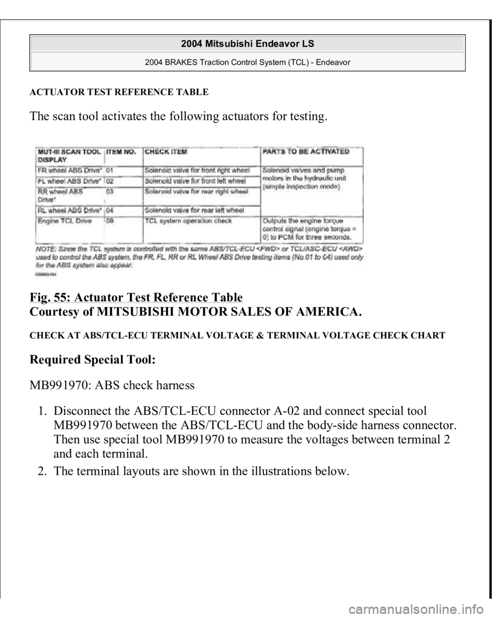MITSUBISHI ENDEAVOR 2004  Service Repair Manual ACTUATOR TEST REFERENCE TABLEThe scan tool activates the following actuators for testing. 
Fig. 55: Actuator Test Reference Table
 
Courtesy of MITSUBISHI MOTOR SALES OF AMERICA. 
CHECK AT ABS/TCL-ECU
