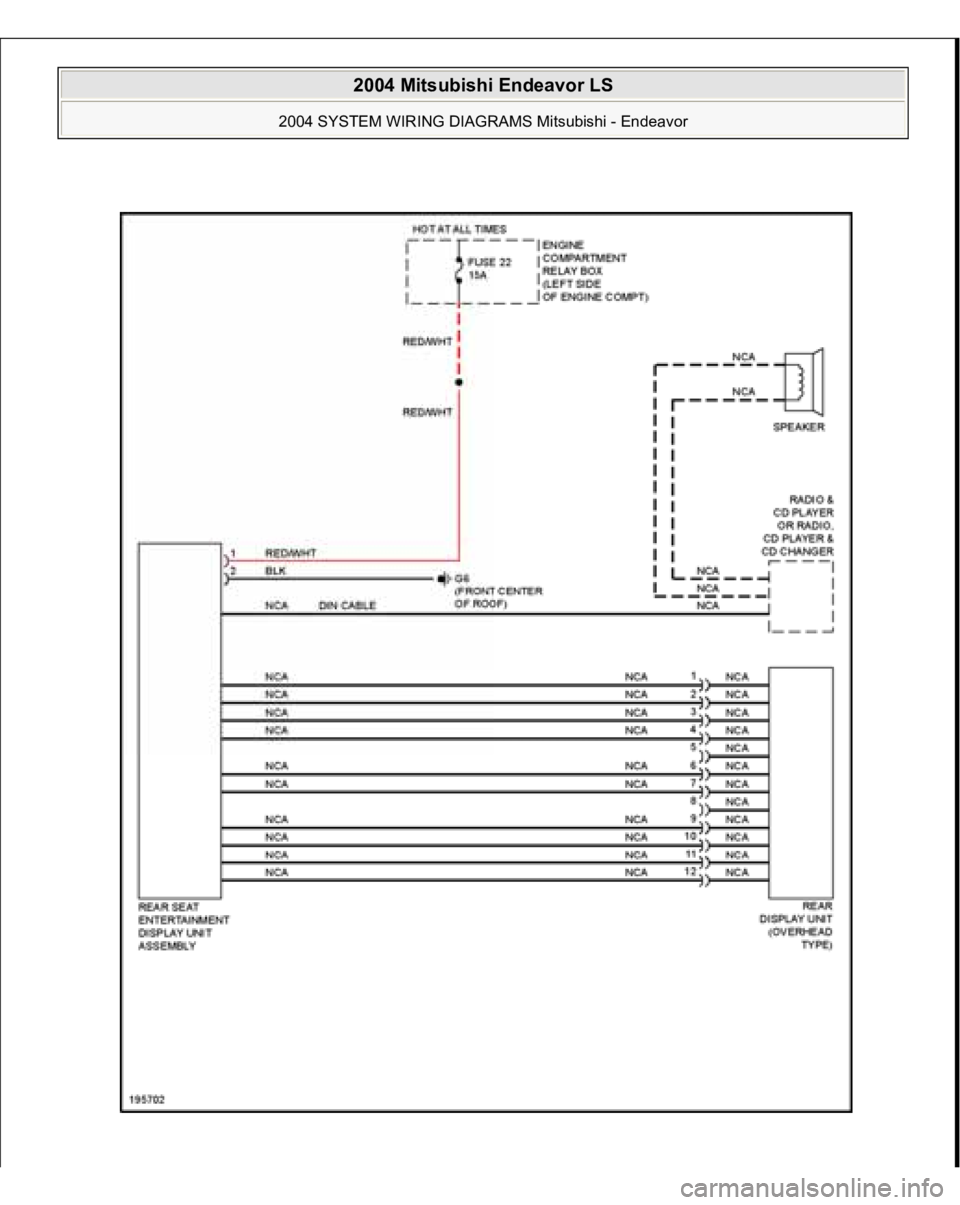 MITSUBISHI ENDEAVOR 2004  Service Repair Manual  
2004 Mitsubishi Endeavor LS 
2004 SYSTEM WIRING DIAGRAMS Mitsubishi - Endeavor
   