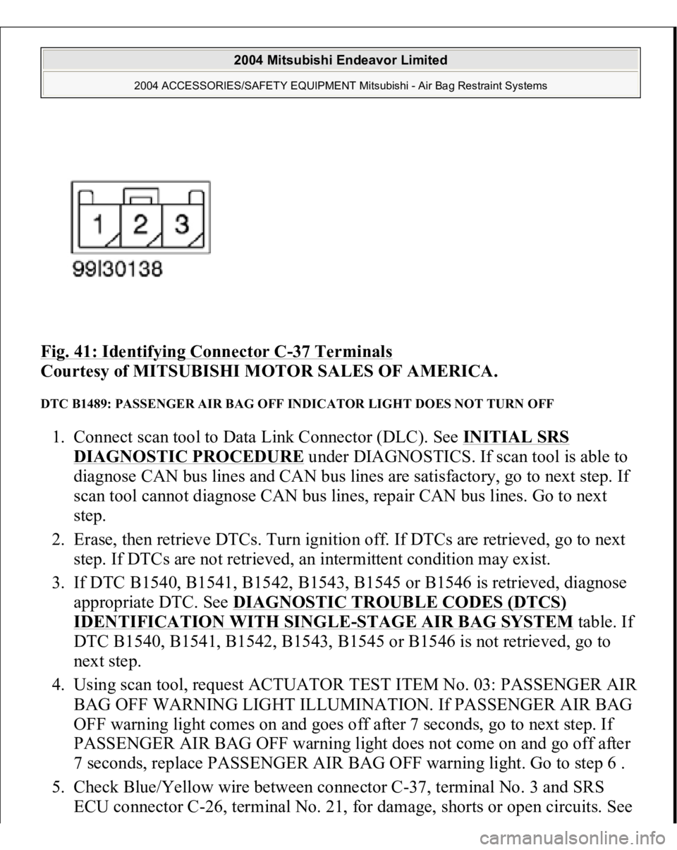 MITSUBISHI ENDEAVOR 2004  Service Repair Manual Fig. 41: Identifying Connector C
-37 Terminals
 
Courtesy of MITSUBISHI MOTOR SALES OF AMERICA. 
DTC B1489: PASSENGER AIR BAG OFF INDICATOR LIGHT DOES NOT TURN OFF 1. Connect scan tool to Data Link Co