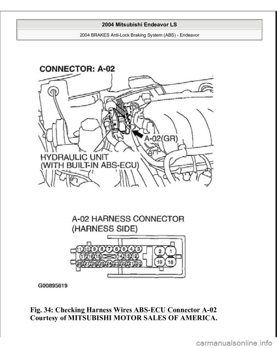 MITSUBISHI ENDEAVOR 2004  Service Repair Manual Fig. 34: Checking Harness Wires ABS
-ECU Connector A
-02 
Courtesy of MITSUBISHI MOTOR SALES OF AMERICA.
 
2004 Mitsubishi Endeavor LS 
2004 BRAKES Anti-Lock Braking System (ABS) - Endeavor
   